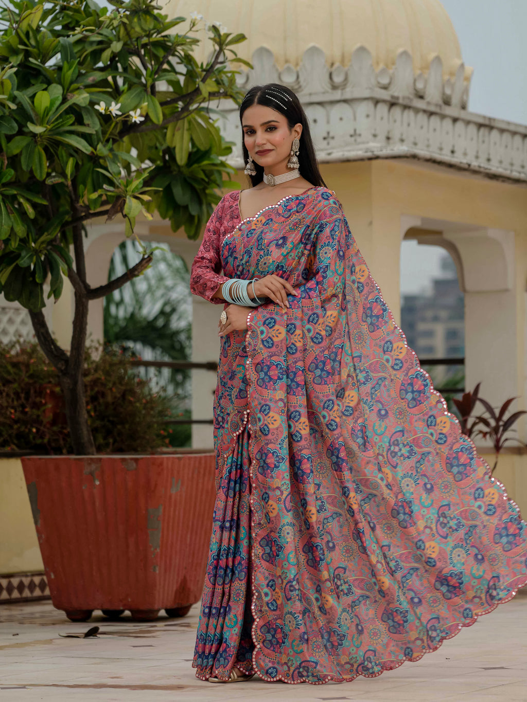 Ready to Wear Dusty Rose Heavy Chinnon Printed Saree