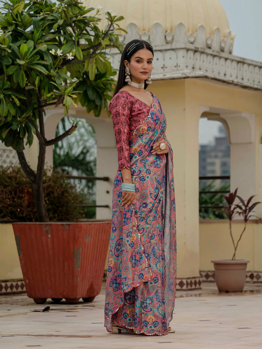 Ready to Wear Dusty Rose Heavy Chinnon Printed Saree