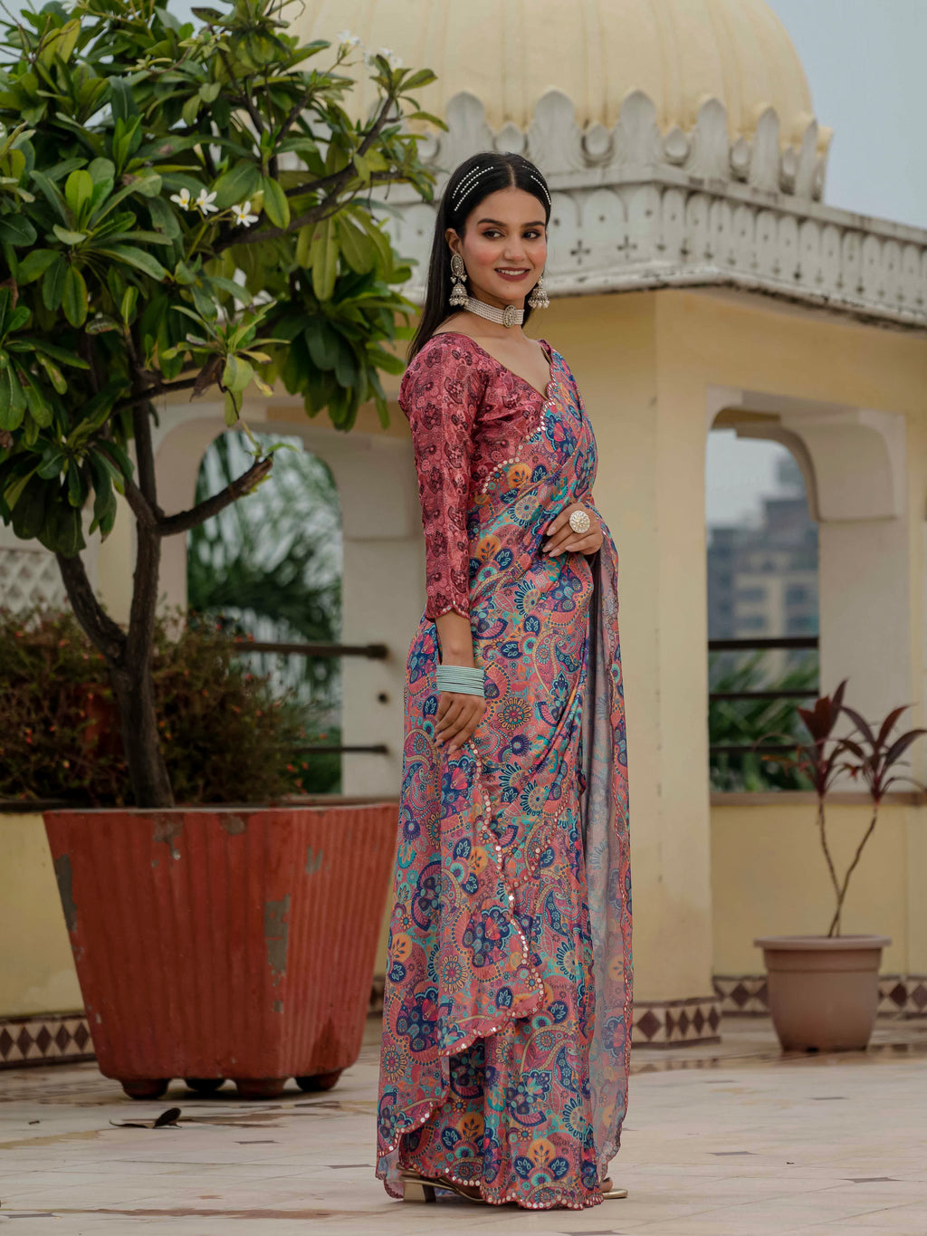 Ready to Wear Dusty Rose Heavy Chinnon Printed Saree
