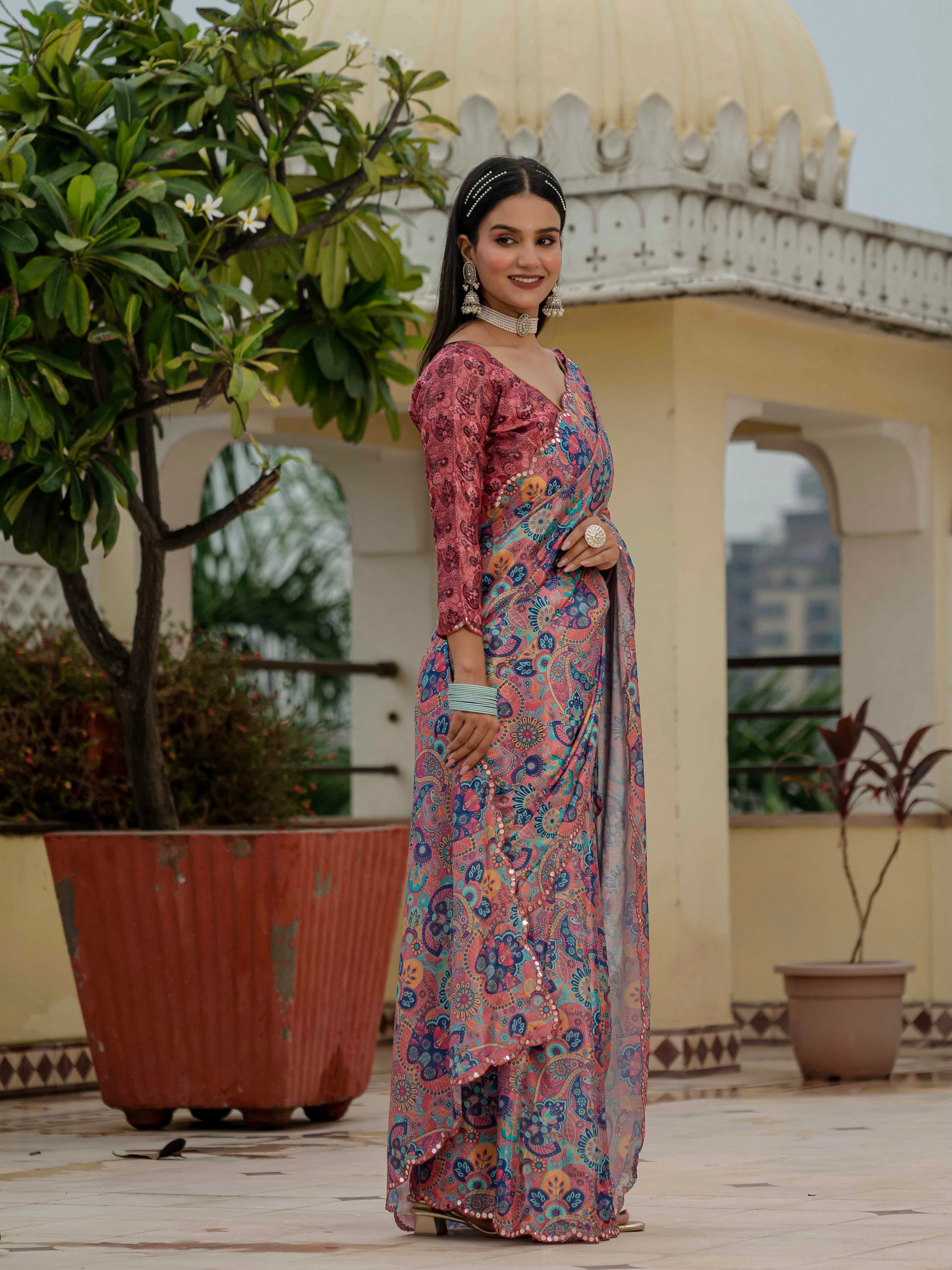 Ready to Wear Dusty Rose Heavy Chinnon Printed Saree