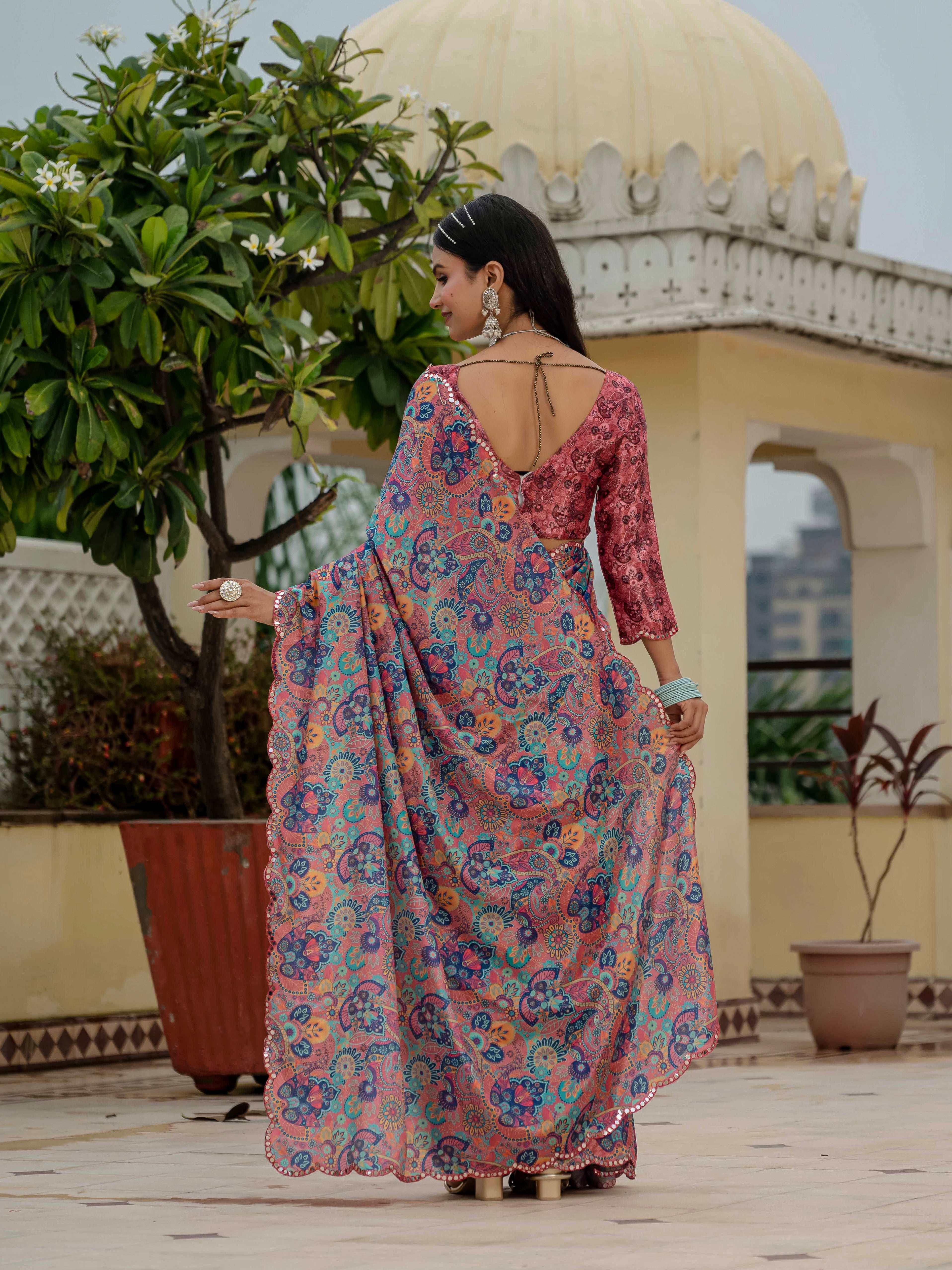 Ready to Wear Dusty Rose Heavy Chinnon Printed Saree