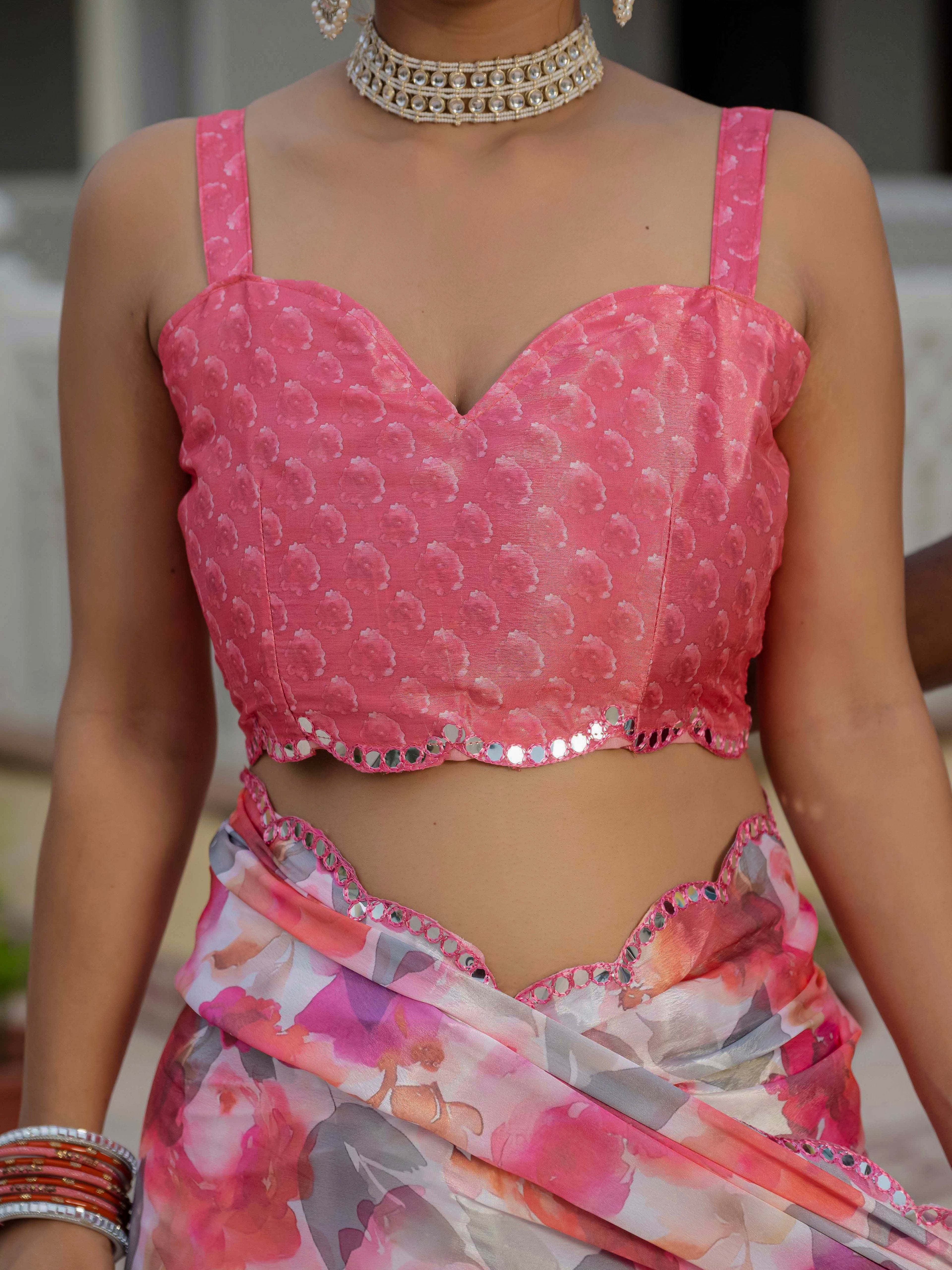 Ready to Wear Soft Blush Pink Heavy Chinnon Printed Saree