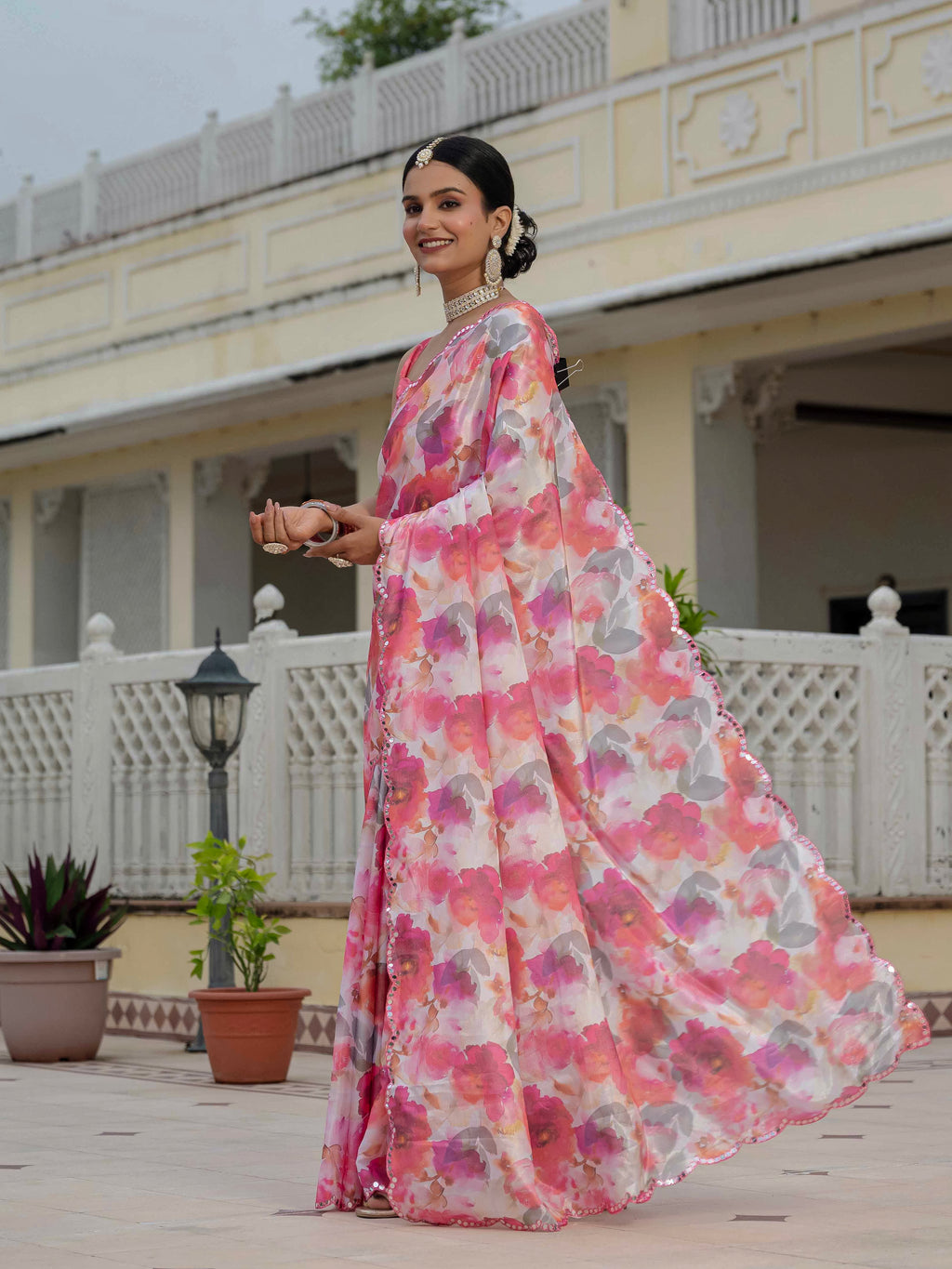 Ready to Wear Soft Blush Pink Heavy Chinnon Printed Saree