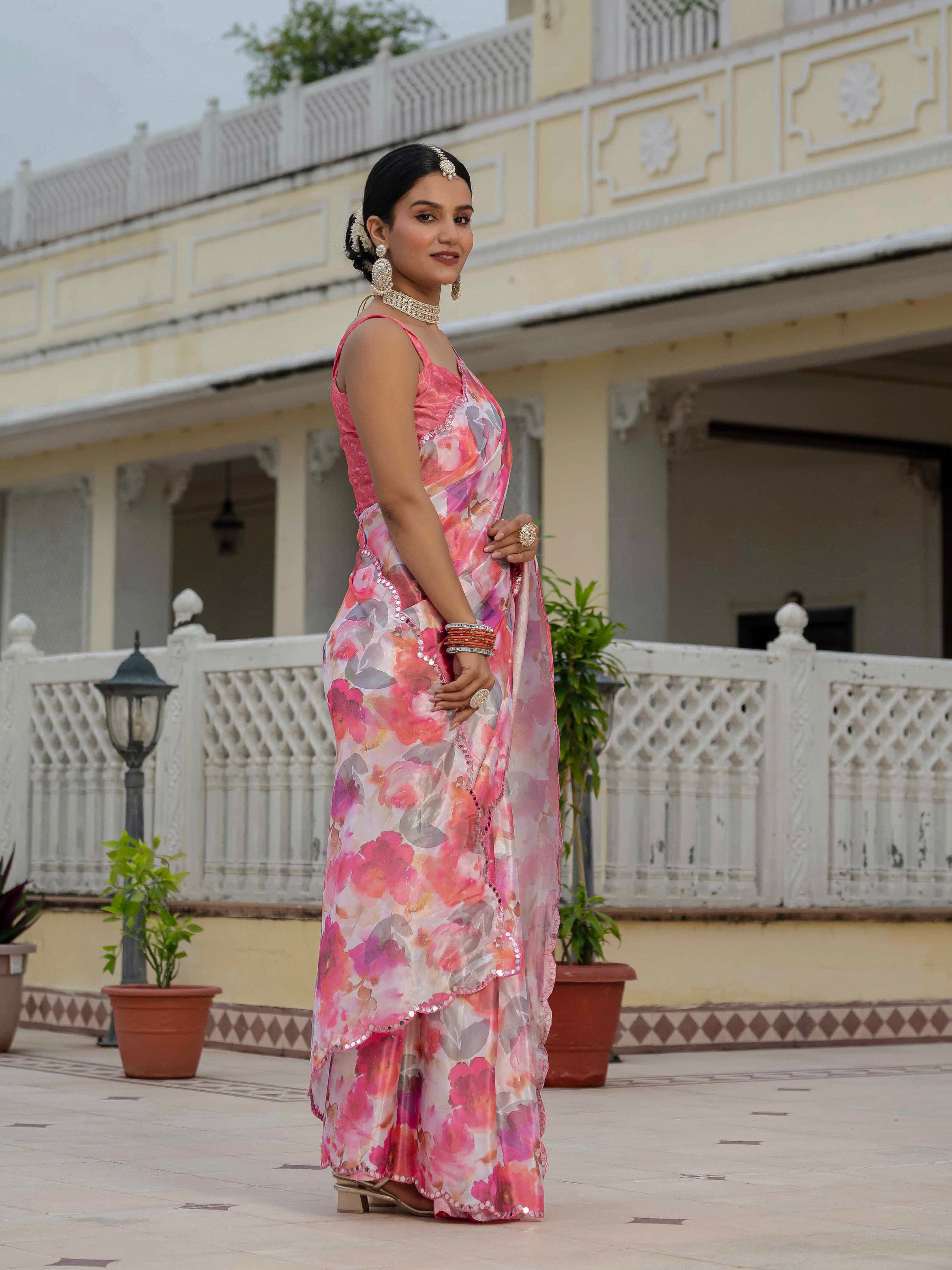 Ready to Wear Soft Blush Pink Heavy Chinnon Printed Saree