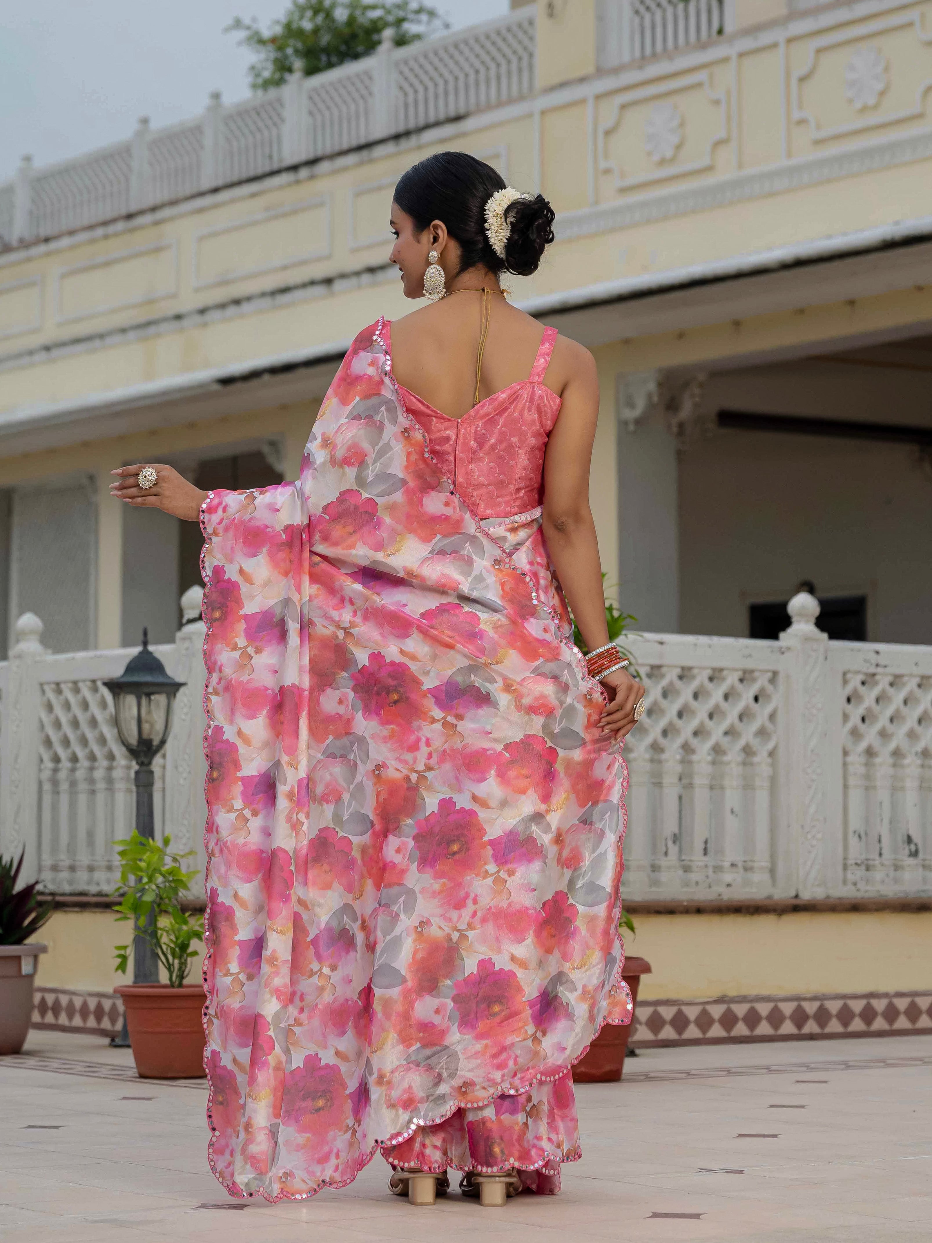 Ready to Wear Soft Blush Pink Heavy Chinnon Printed Saree