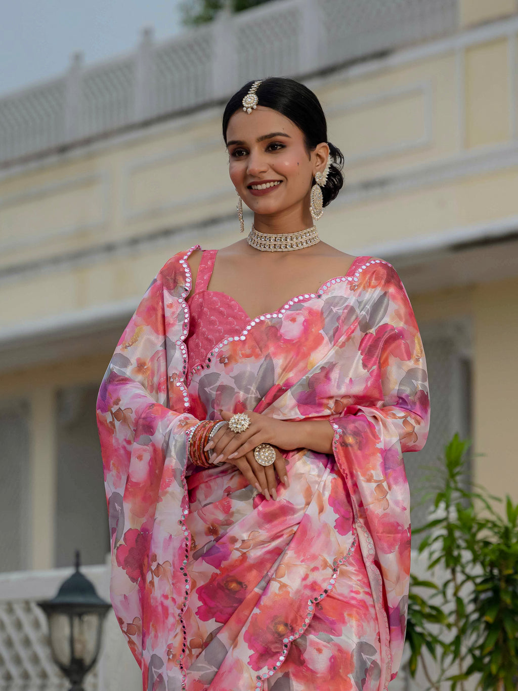 Ready to Wear Soft Blush Pink Heavy Chinnon Printed Saree
