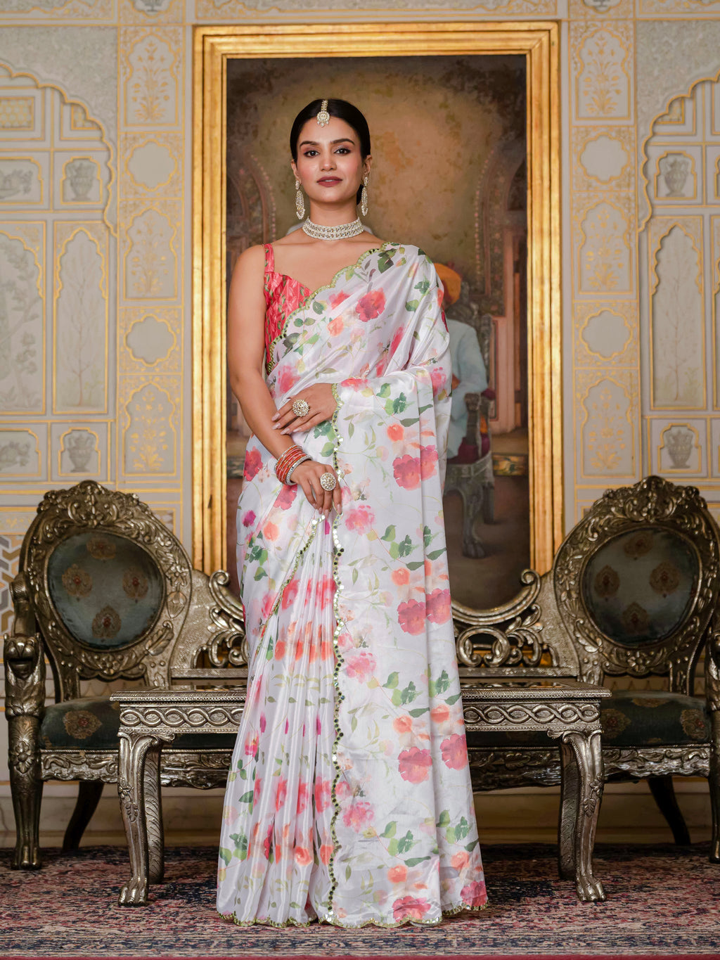 Ready to Wear Off White Heavy Chinnon Printed Saree