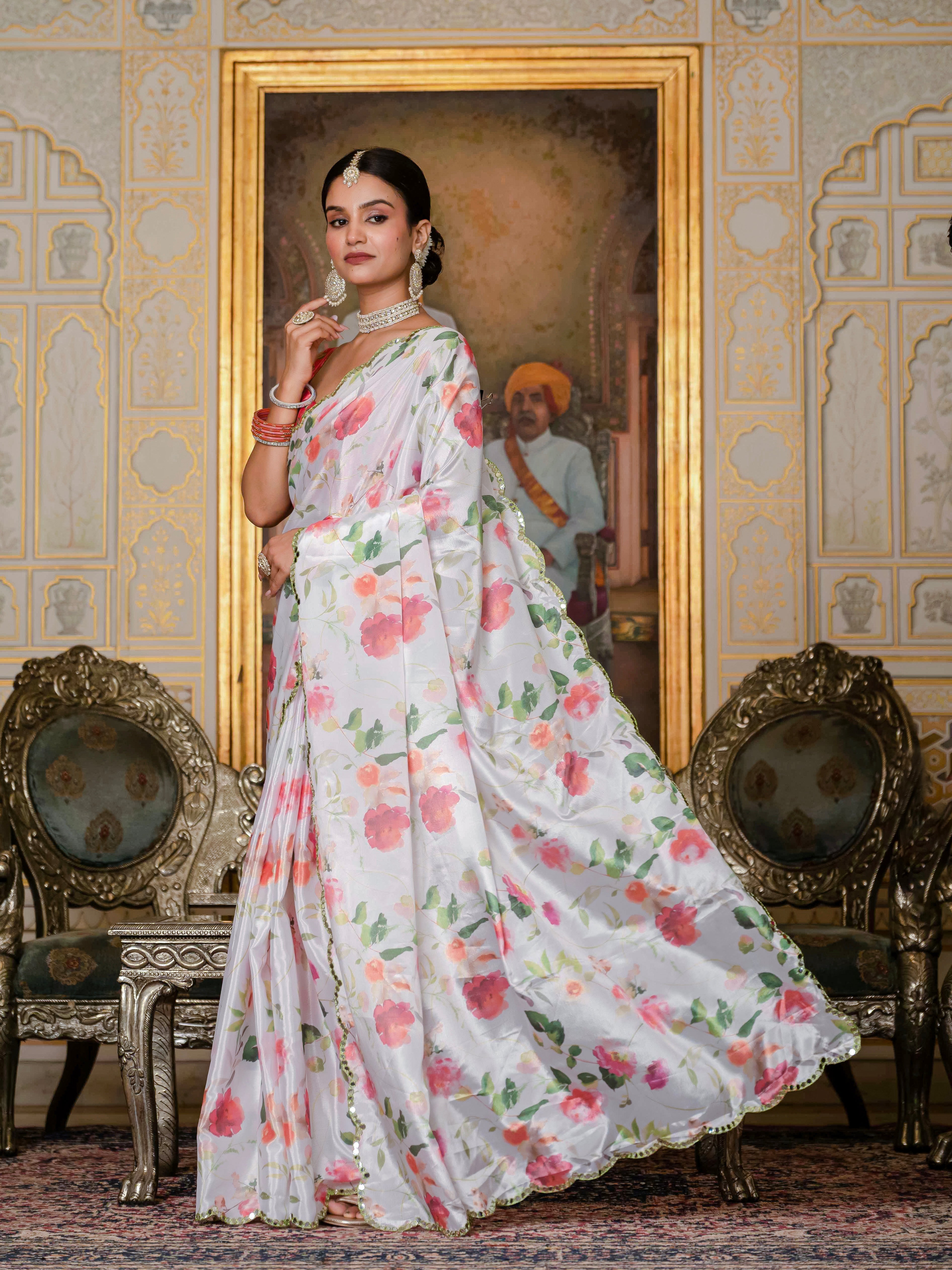 Ready to Wear Off White Heavy Chinnon Printed Saree