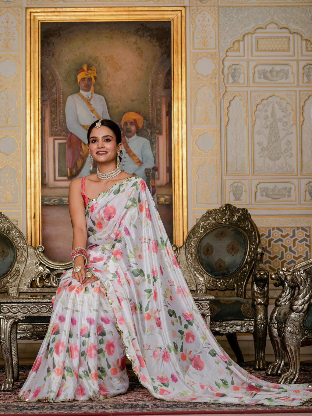 Ready to Wear Off White Heavy Chinnon Printed Saree