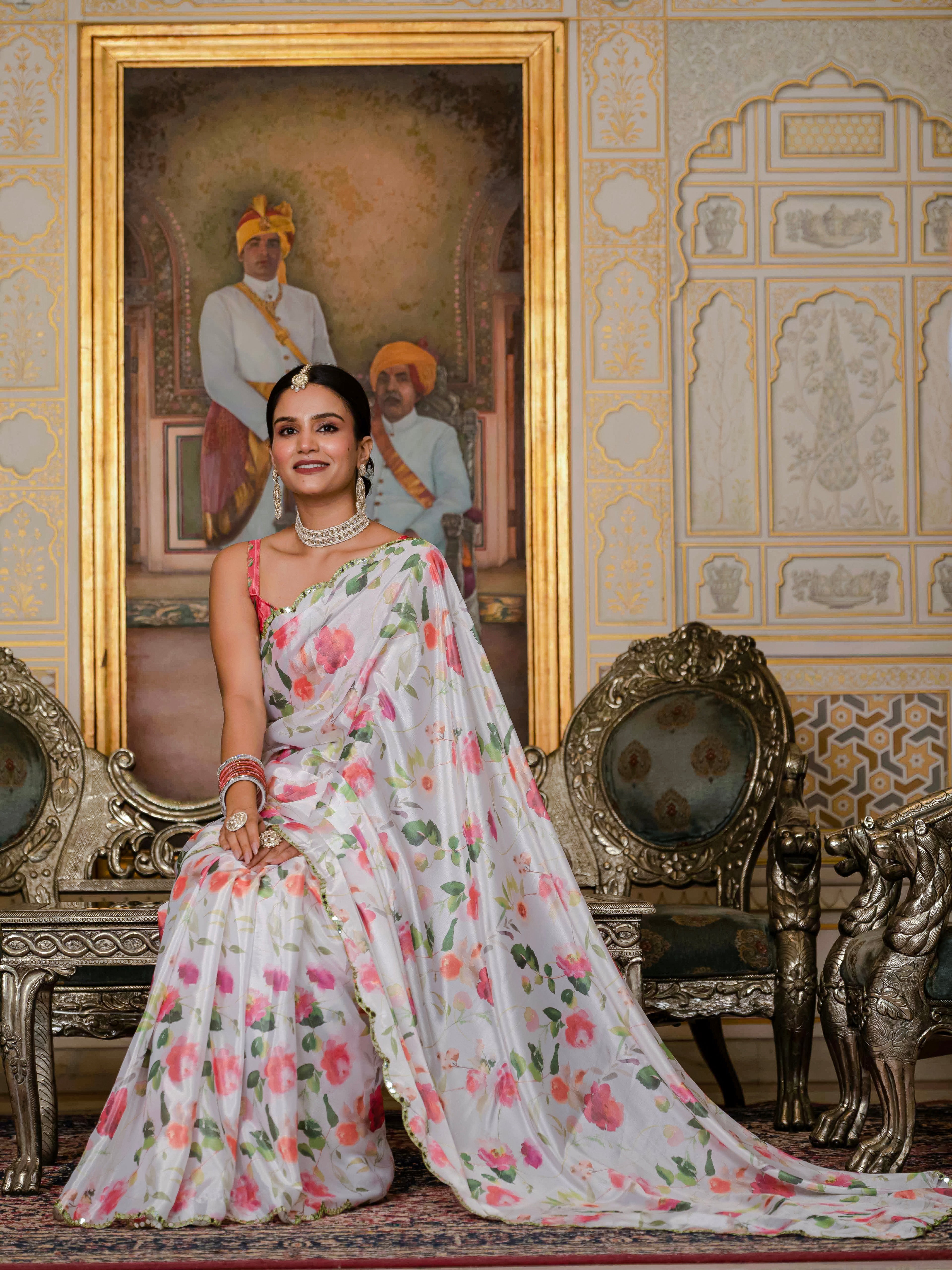 Ready to Wear Off White Heavy Chinnon Printed Saree