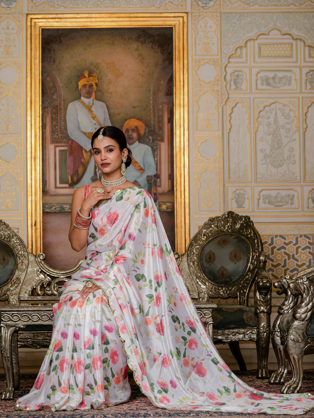 Ready to Wear Off White Heavy Chinnon Printed Saree