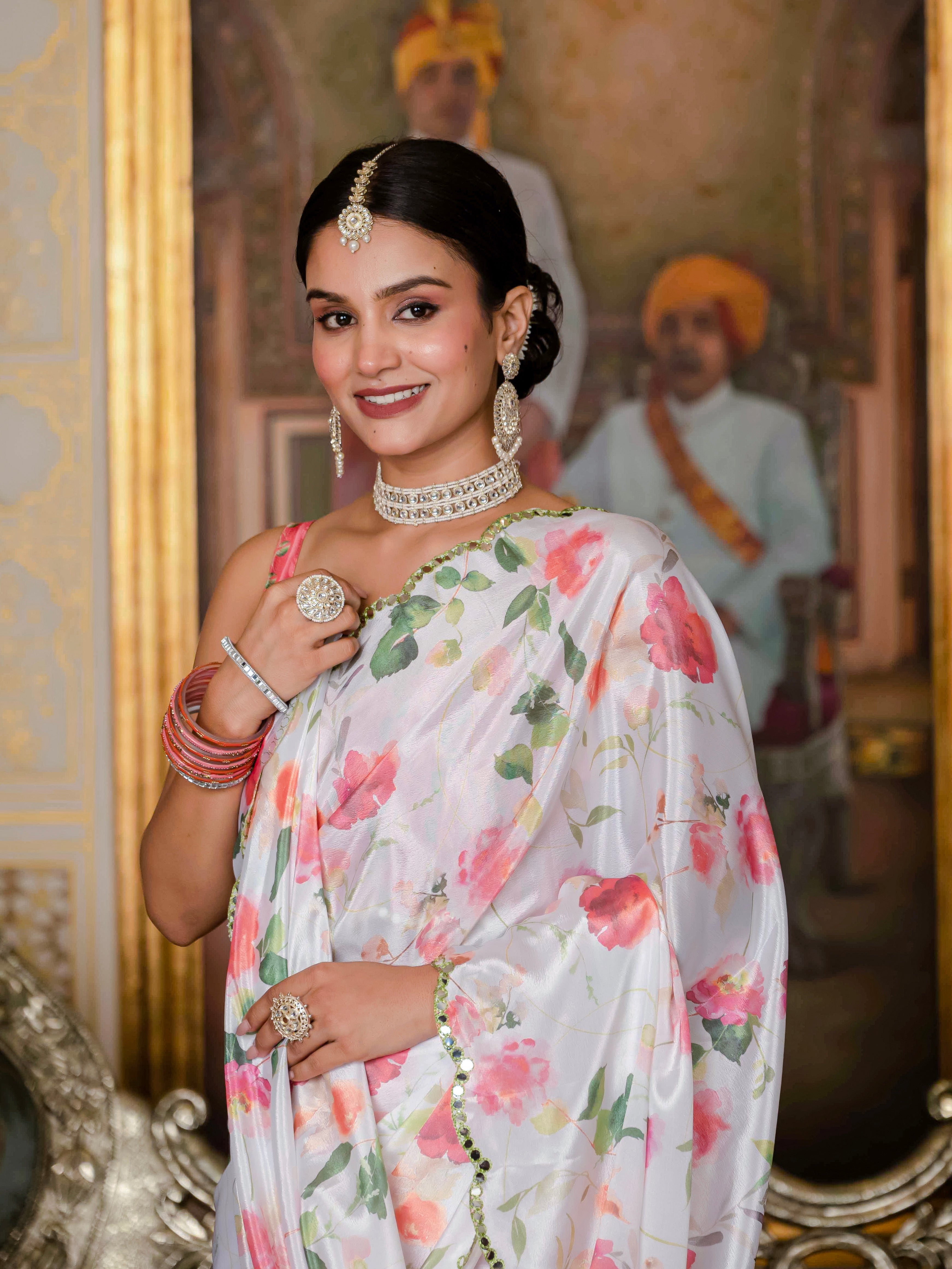 Ready to Wear Off White Heavy Chinnon Printed Saree