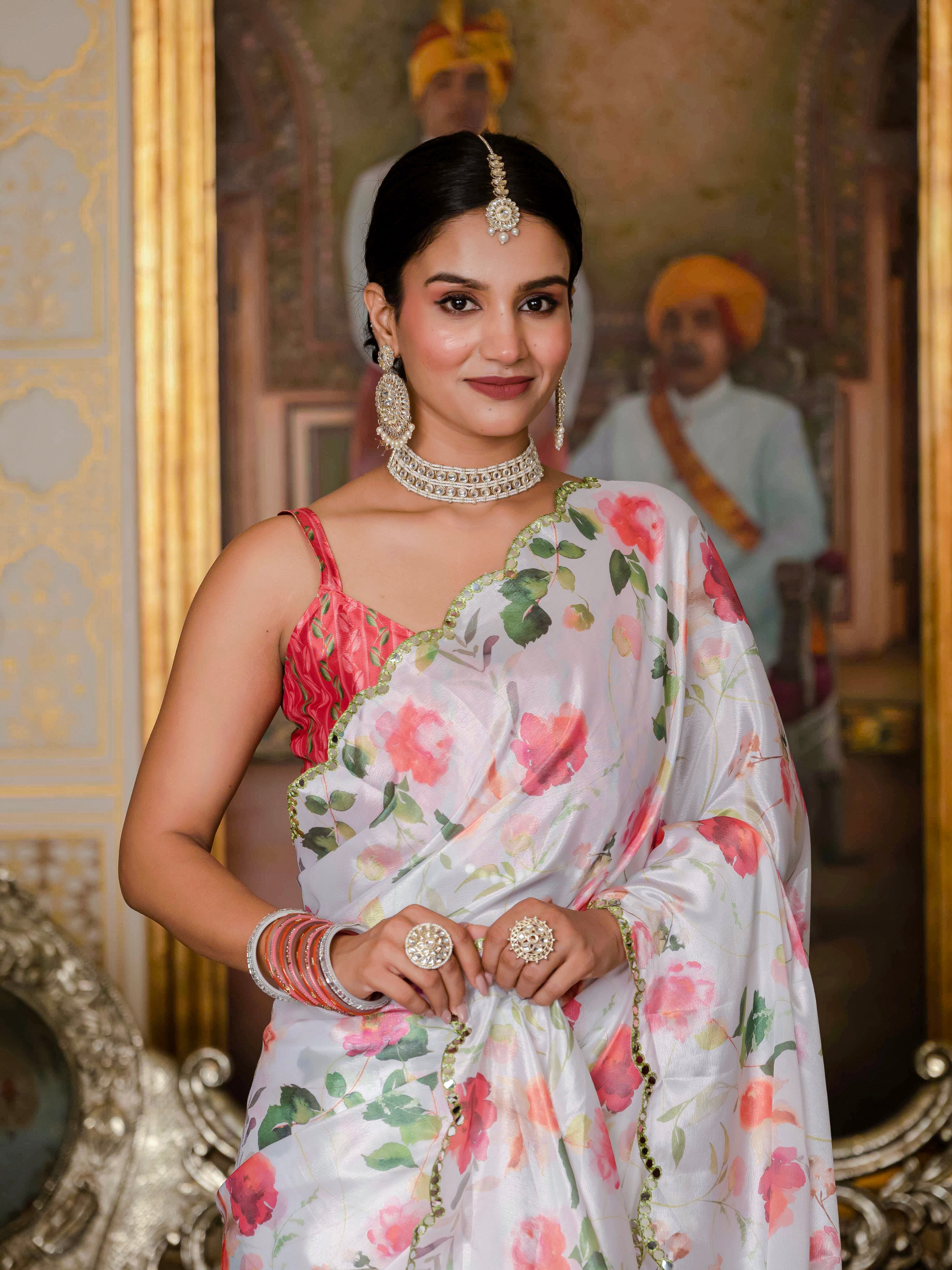 Ready to Wear Off White Heavy Chinnon Printed Saree