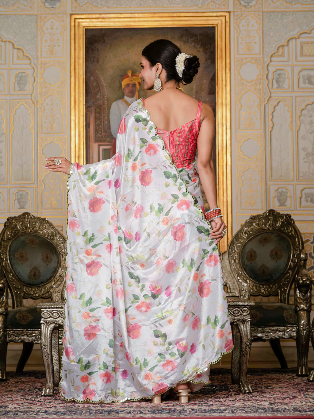 Ready to Wear Off White Heavy Chinnon Printed Saree