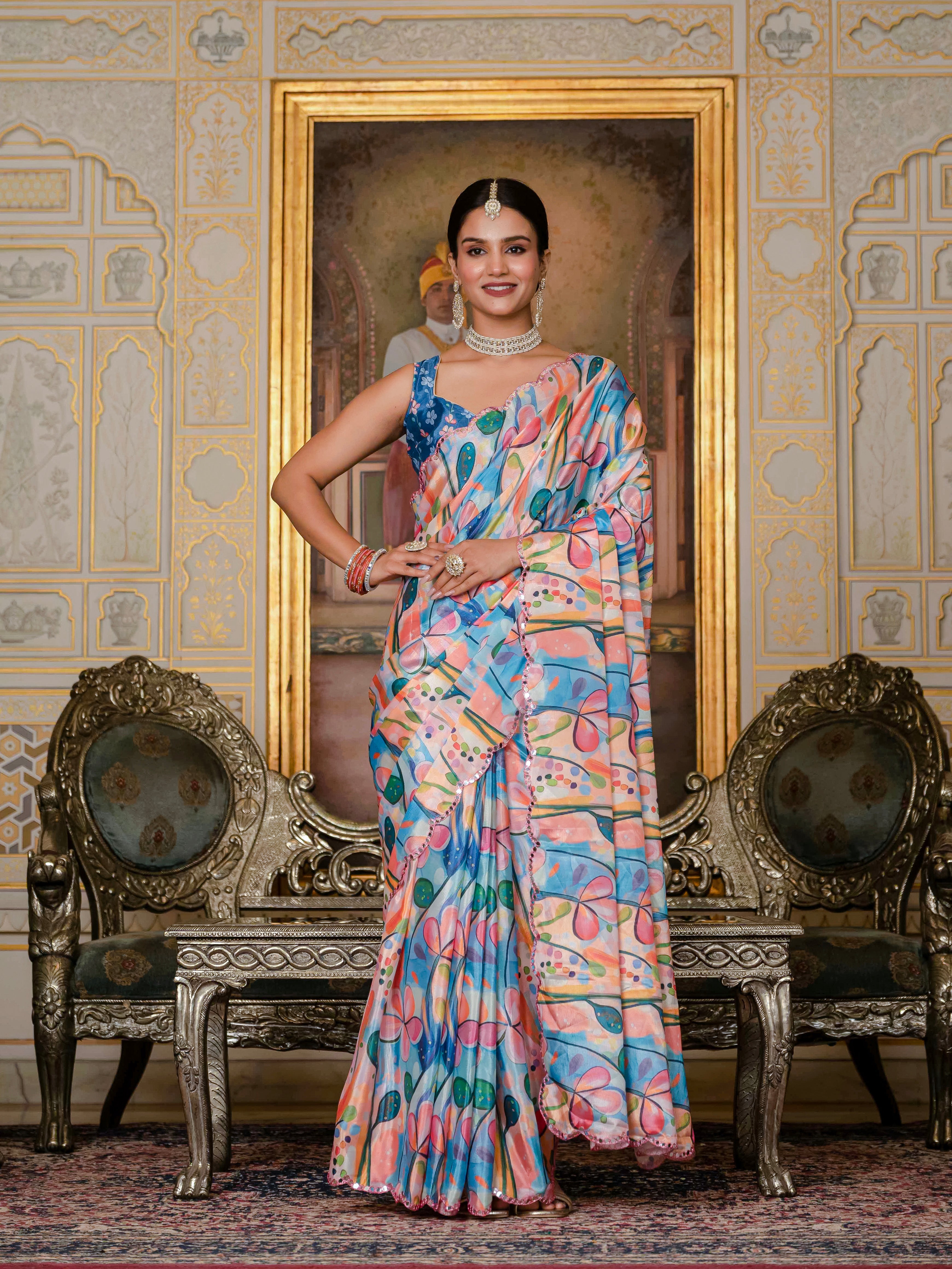 Ready to Wear Soft Sky Blue Heavy Chinnon Printed Saree
