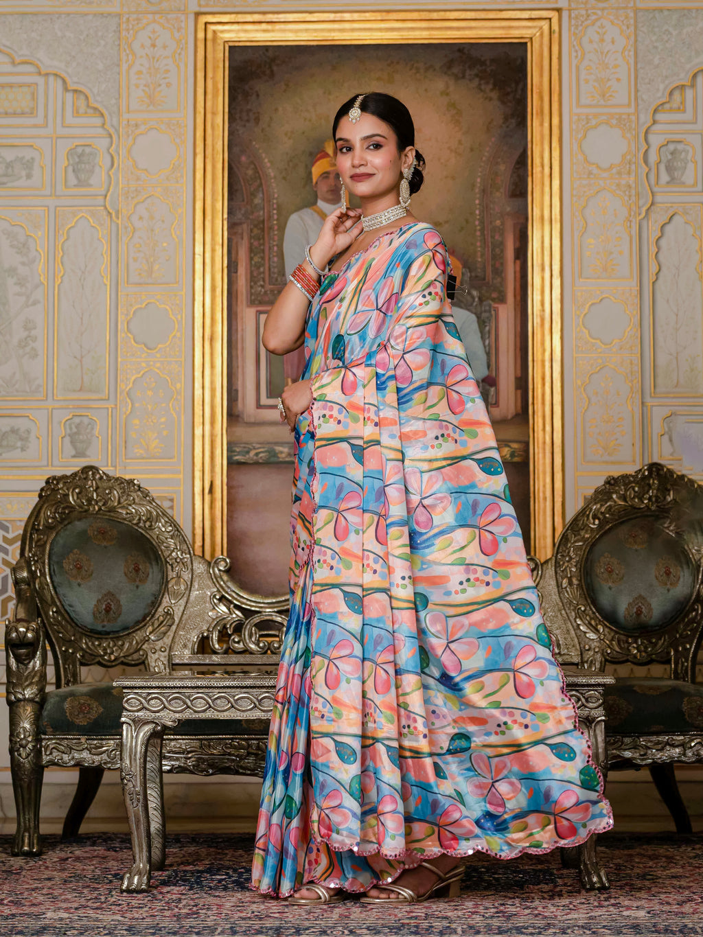 Ready to Wear Soft Sky Blue Heavy Chinnon Printed Saree