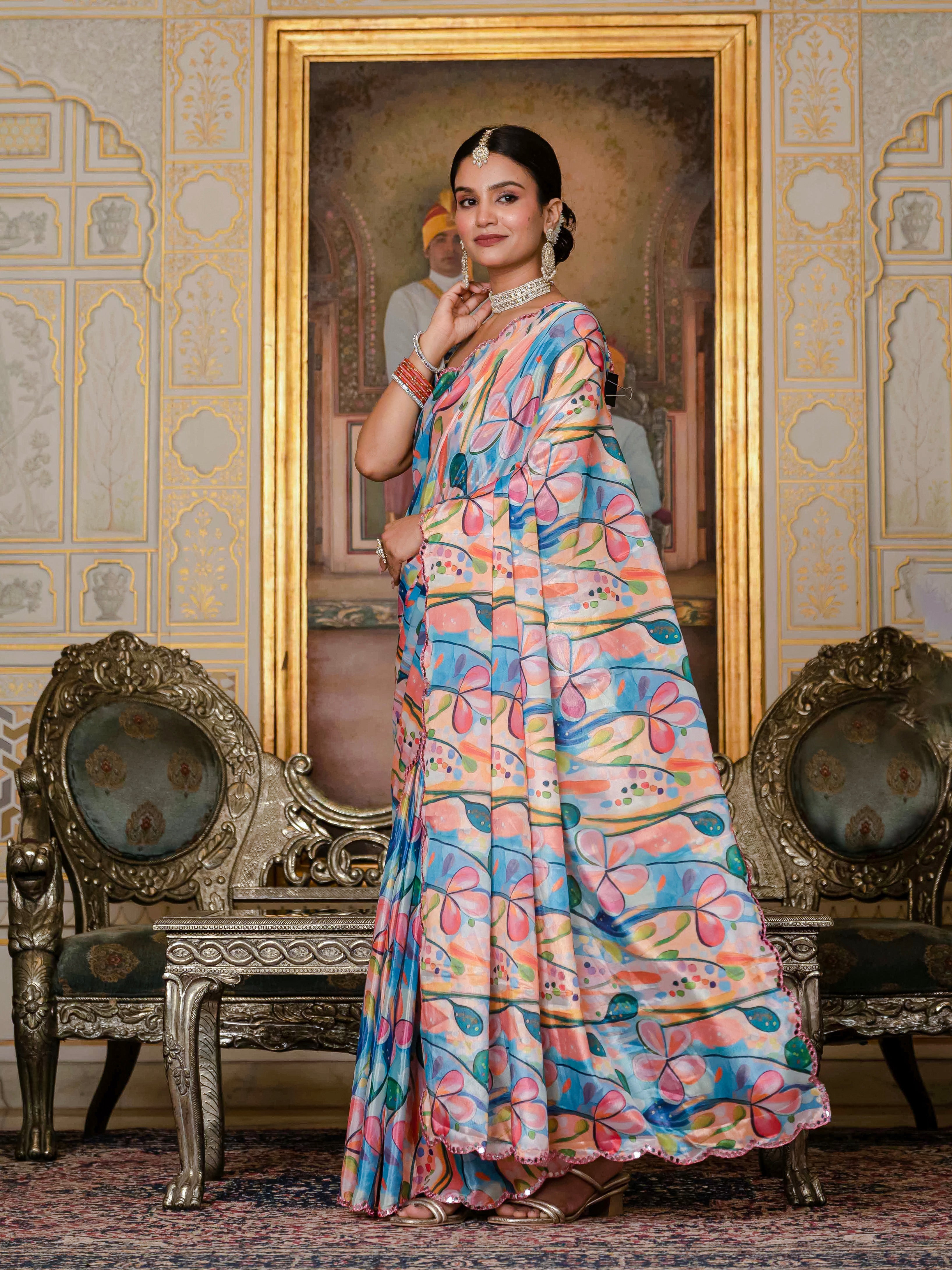 Ready to Wear Soft Sky Blue Heavy Chinnon Printed Saree