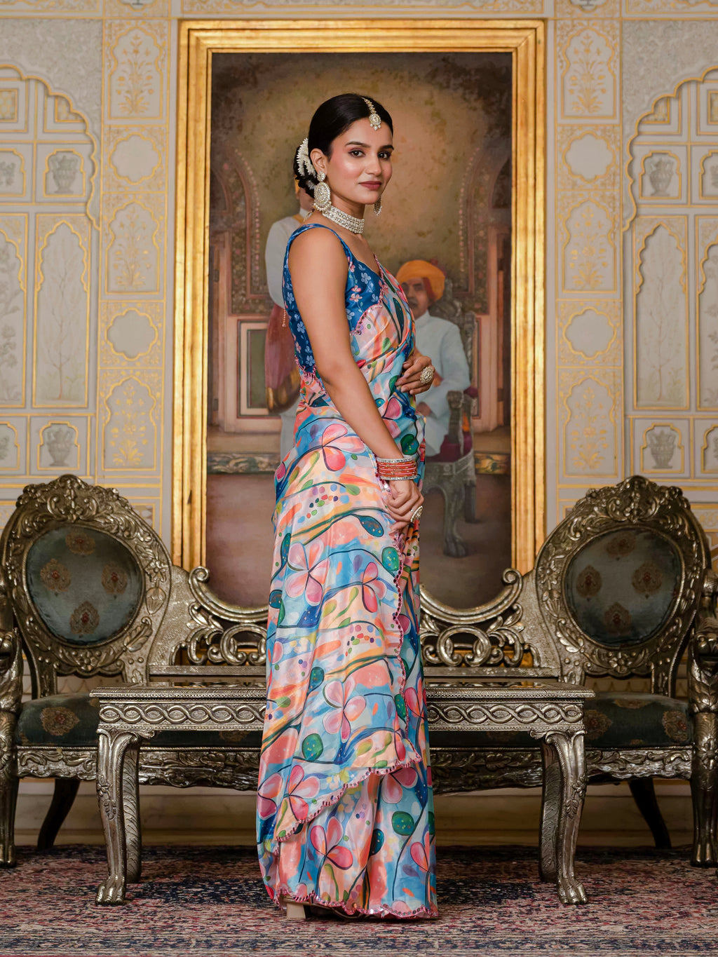 Ready to Wear Soft Sky Blue Heavy Chinnon Printed Saree
