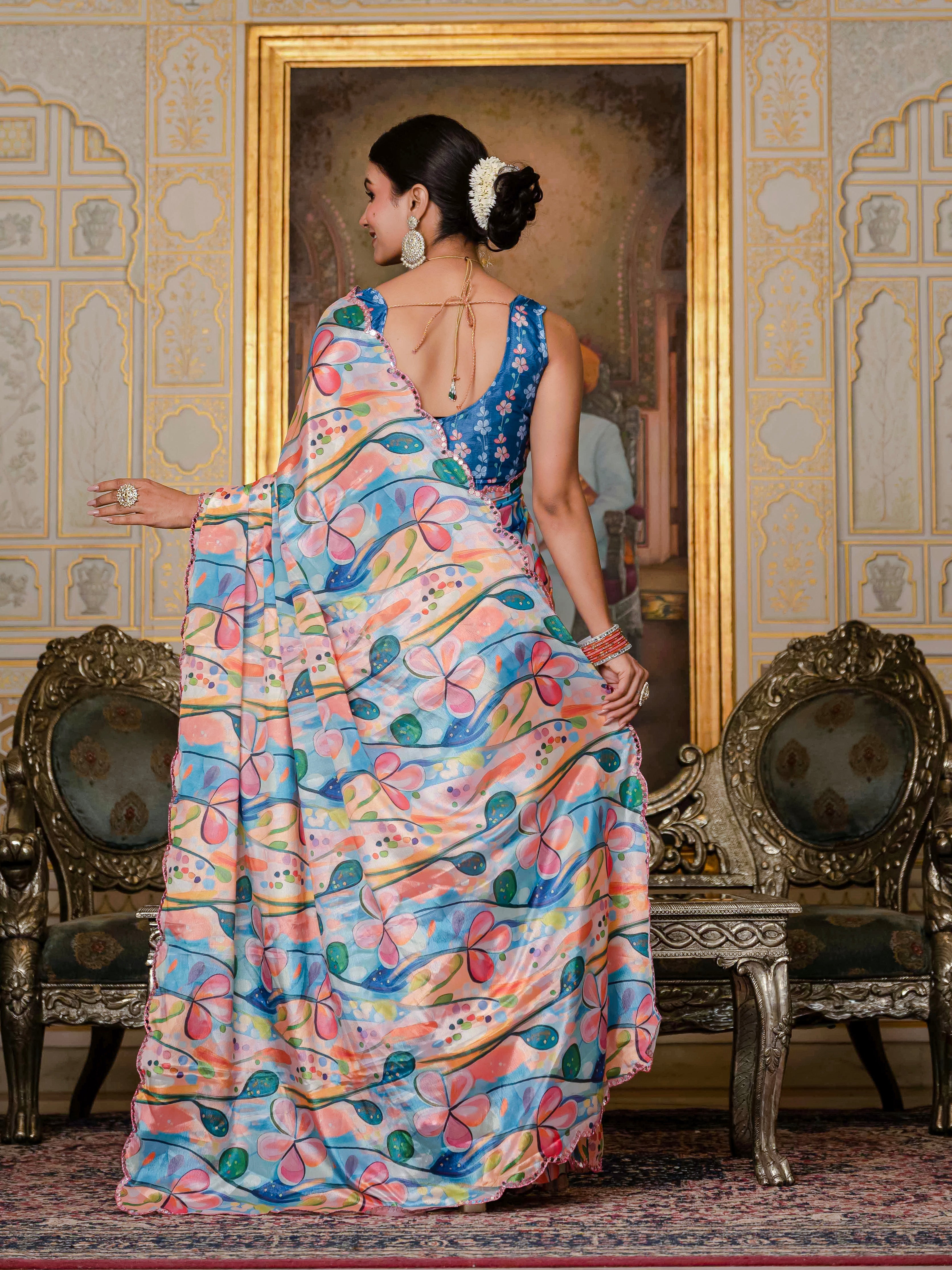 Ready to Wear Soft Sky Blue Heavy Chinnon Printed Saree