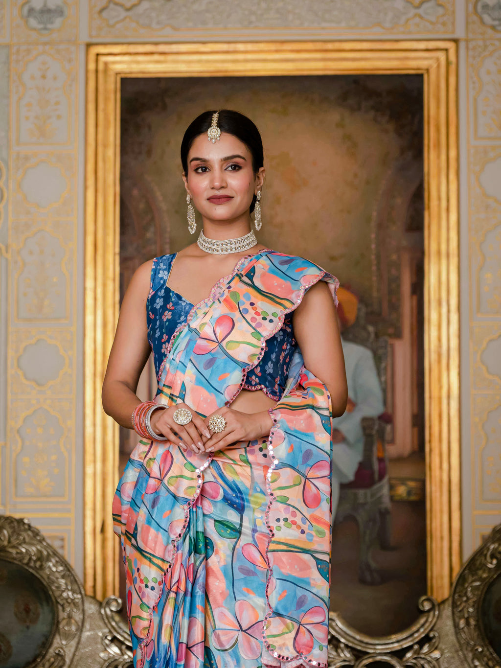 Ready to Wear Soft Sky Blue Heavy Chinnon Printed Saree