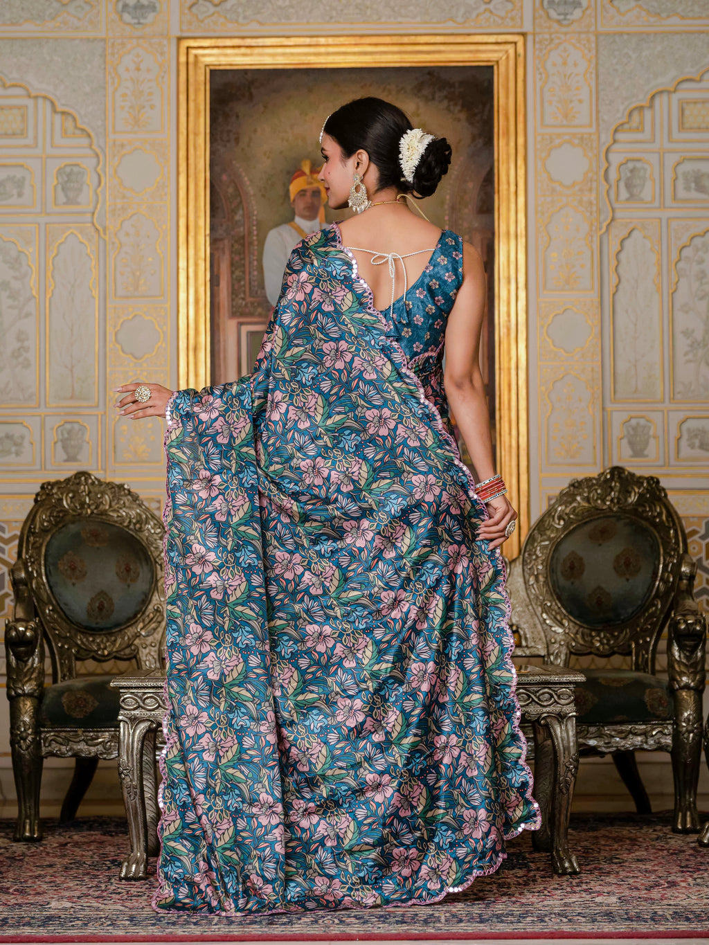 Ready to Wear Peacock Blue Heavy Chinnon Printed Saree