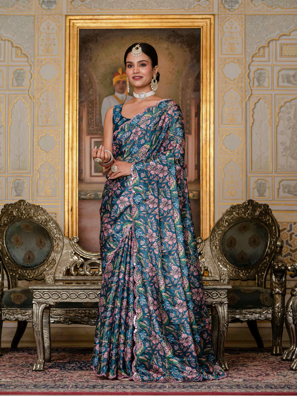 Ready to Wear Peacock Blue Heavy Chinnon Printed Saree
