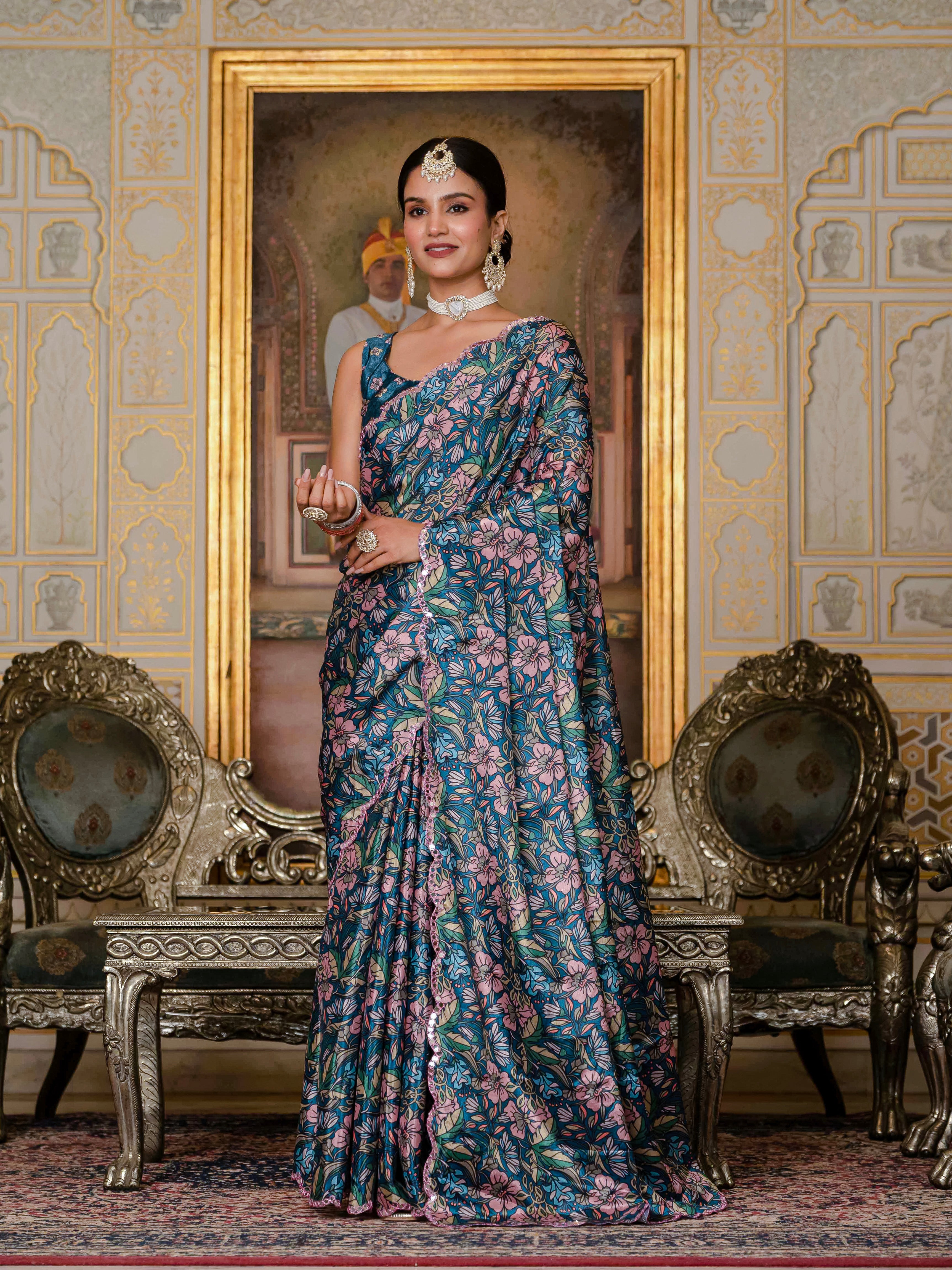 Ready to Wear Peacock Blue Heavy Chinnon Printed Saree