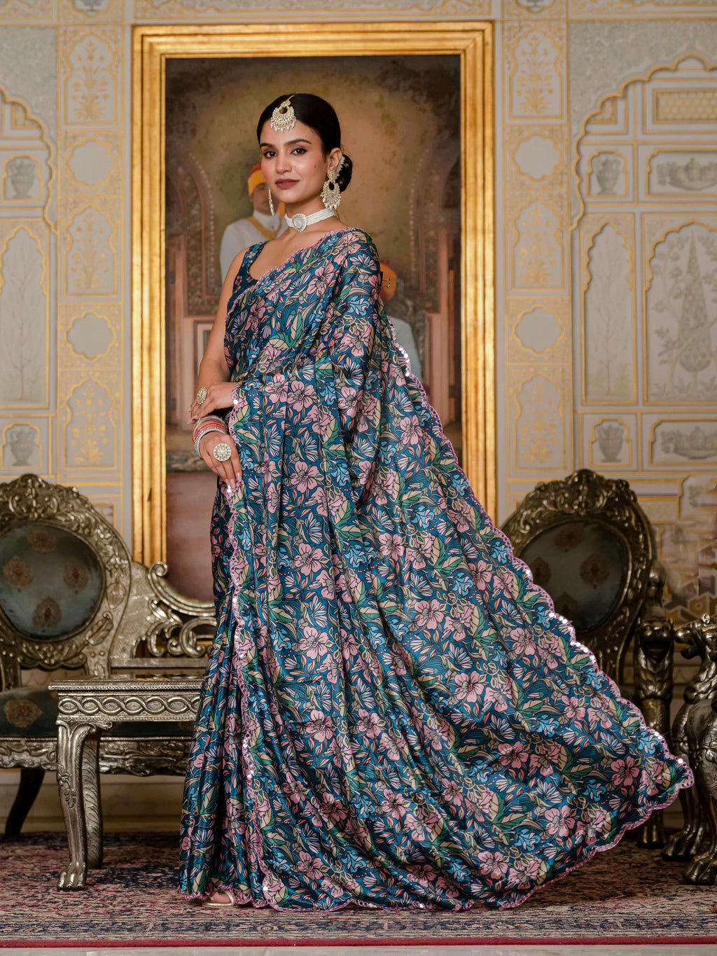 Ready to Wear Peacock Blue Heavy Chinnon Printed Saree