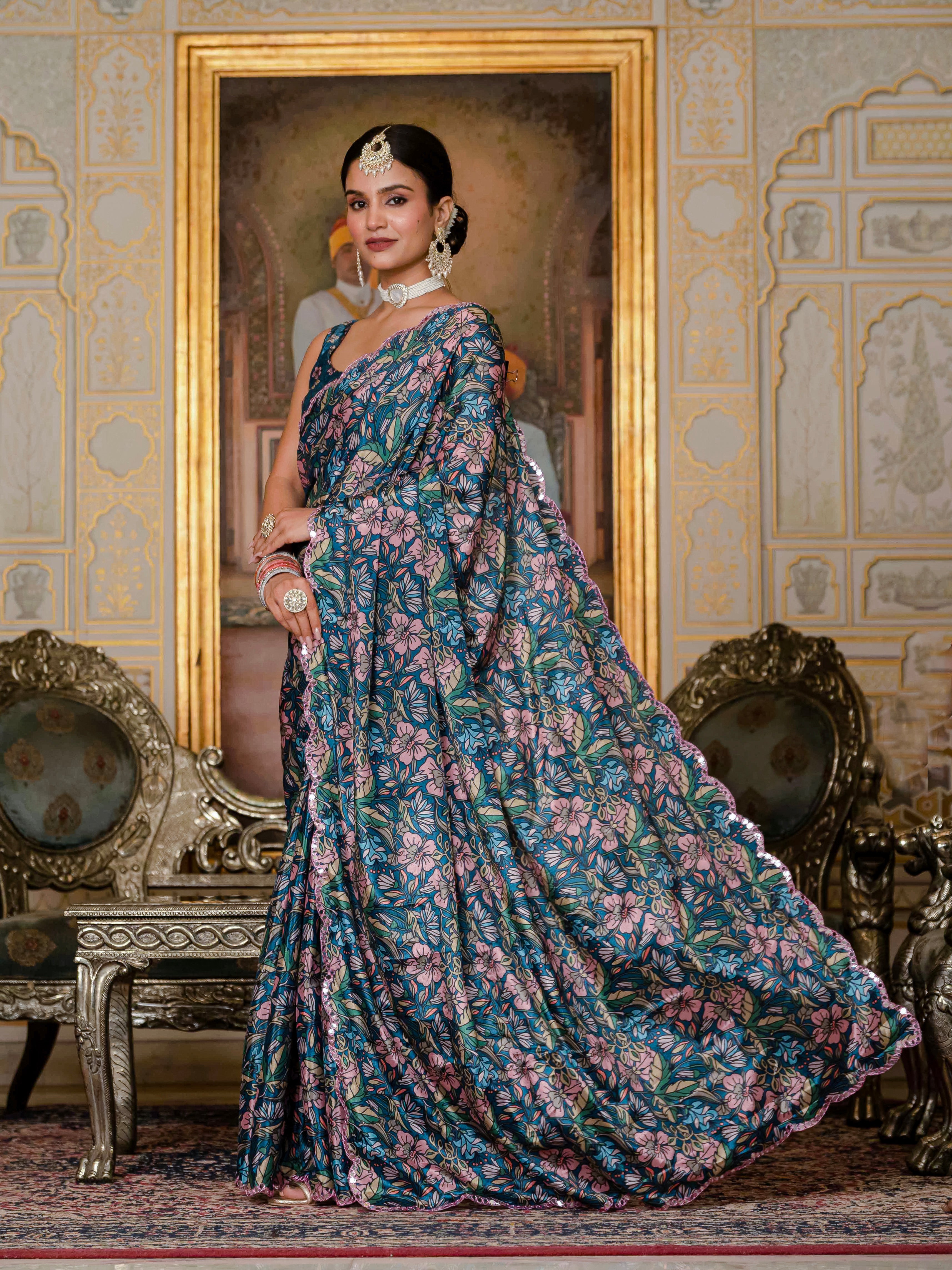 Ready to Wear Peacock Blue Heavy Chinnon Printed Saree