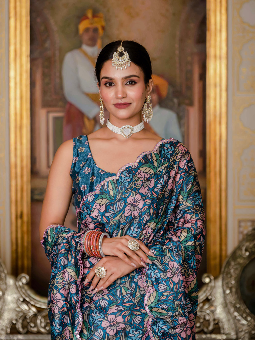 Ready to Wear Peacock Blue Heavy Chinnon Printed Saree