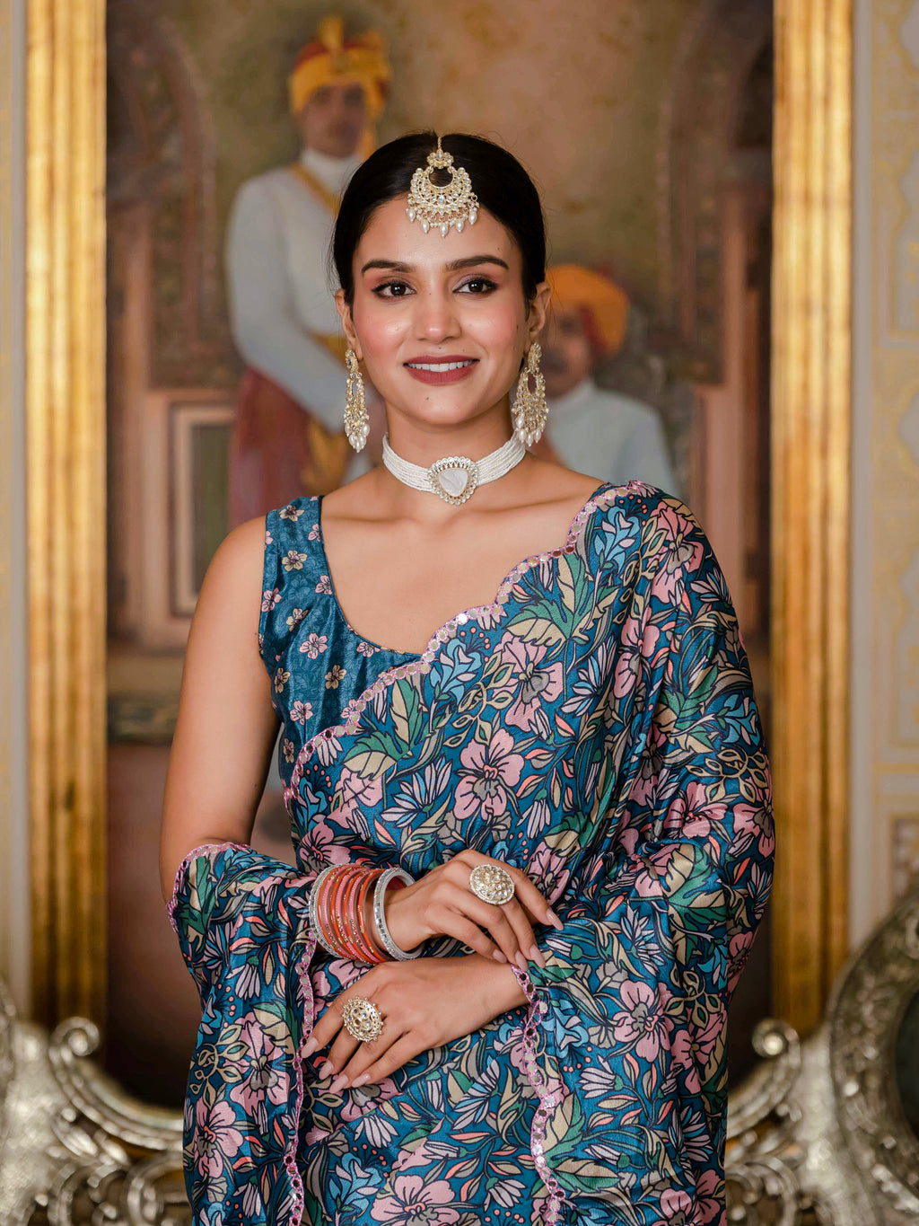 Ready to Wear Peacock Blue Heavy Chinnon Printed Saree