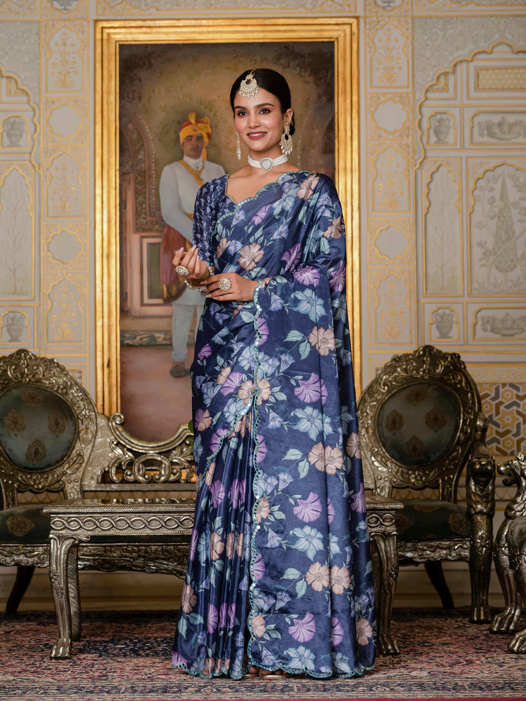Ready to Wear Navy Blue Heavy Chinnon Printed Saree