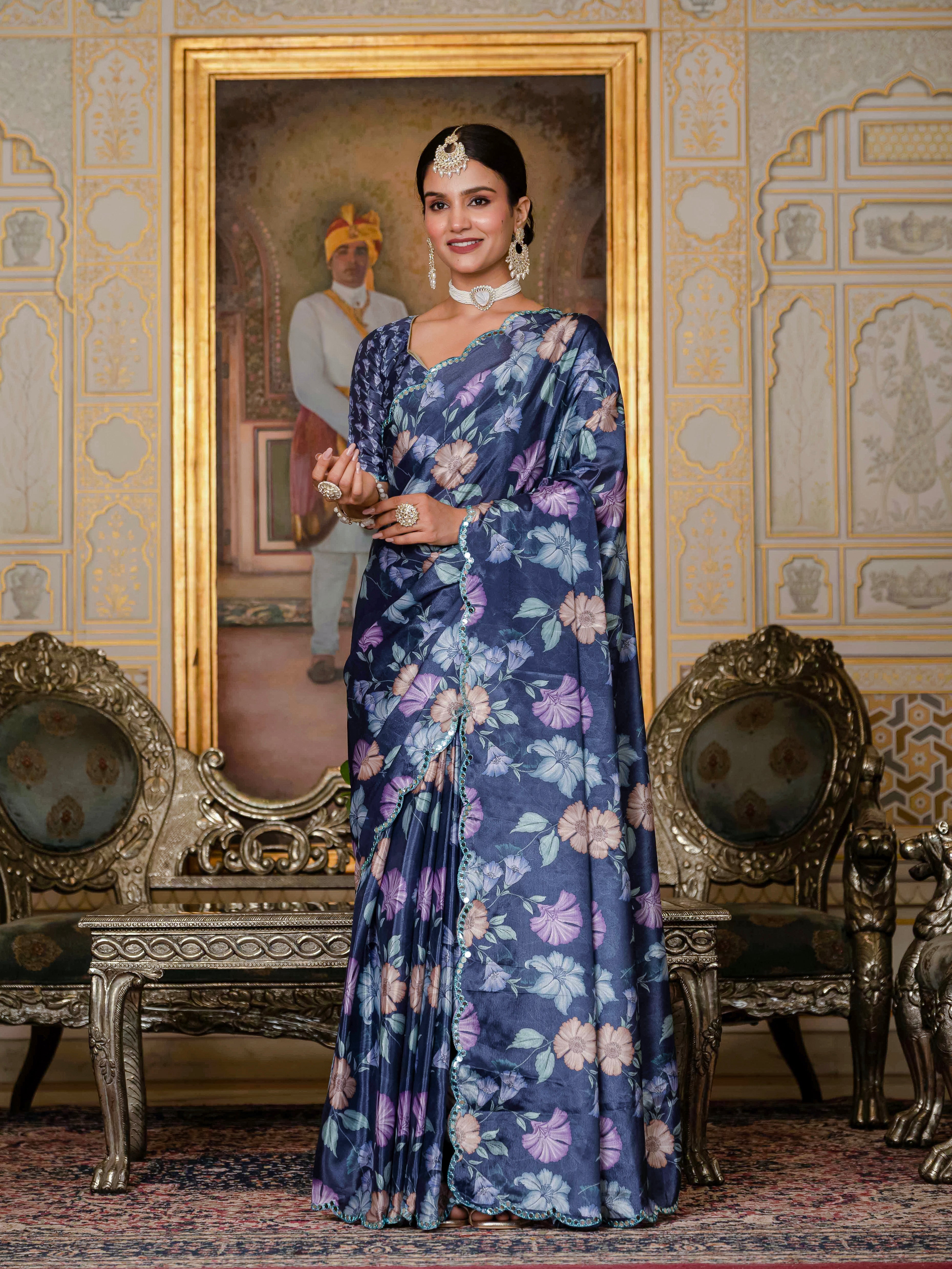 Ready to Wear Navy Blue Heavy Chinnon Printed Saree