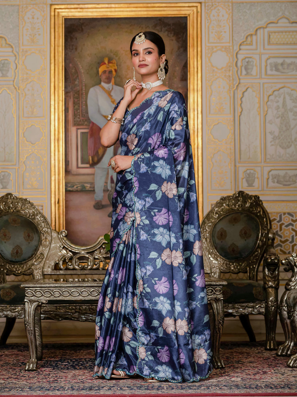 Ready to Wear Navy Blue Heavy Chinnon Printed Saree