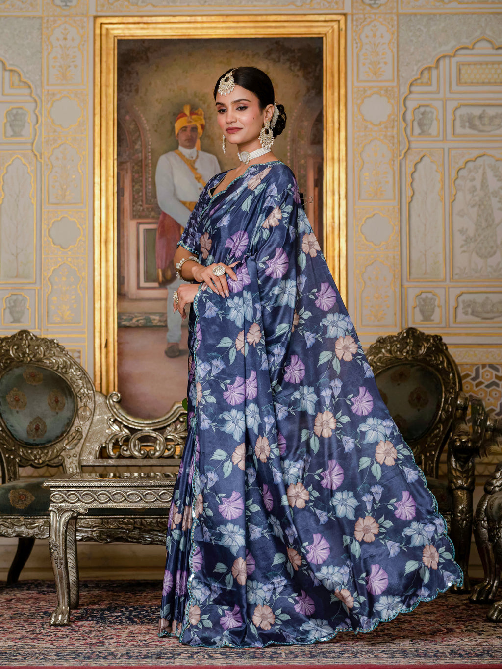 Ready to Wear Navy Blue Heavy Chinnon Printed Saree