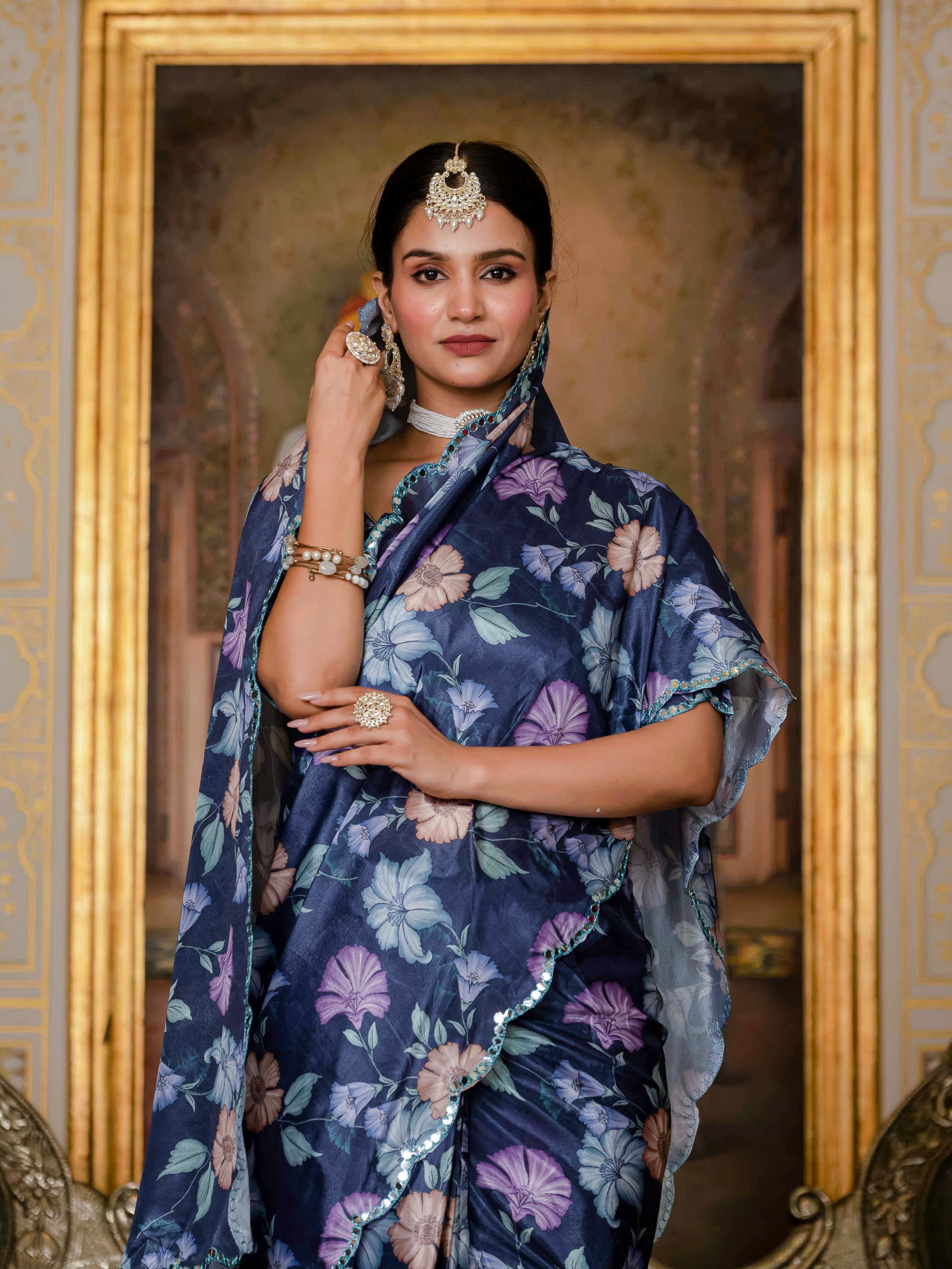 Ready to Wear Navy Blue Heavy Chinnon Printed Saree