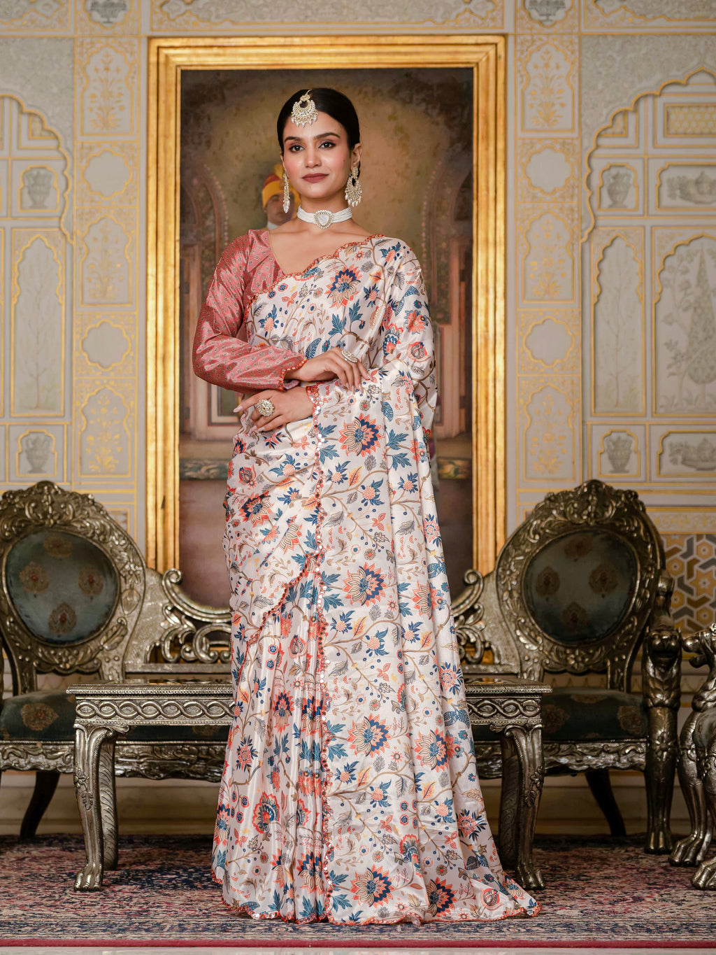 Ready to Wear Orange Heavy Chinnon Printed Saree