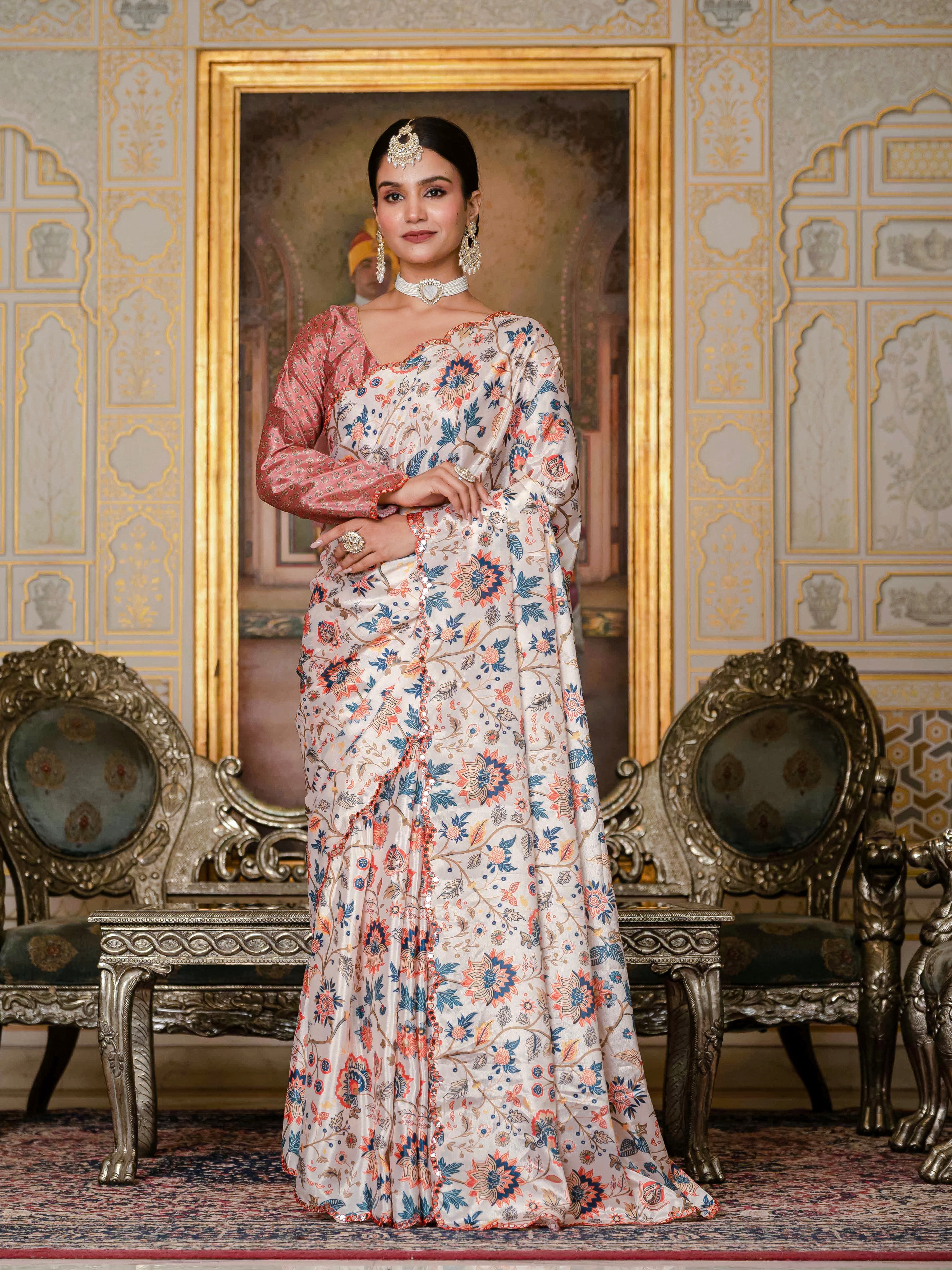 Ready to Wear Orange Heavy Chinnon Printed Saree