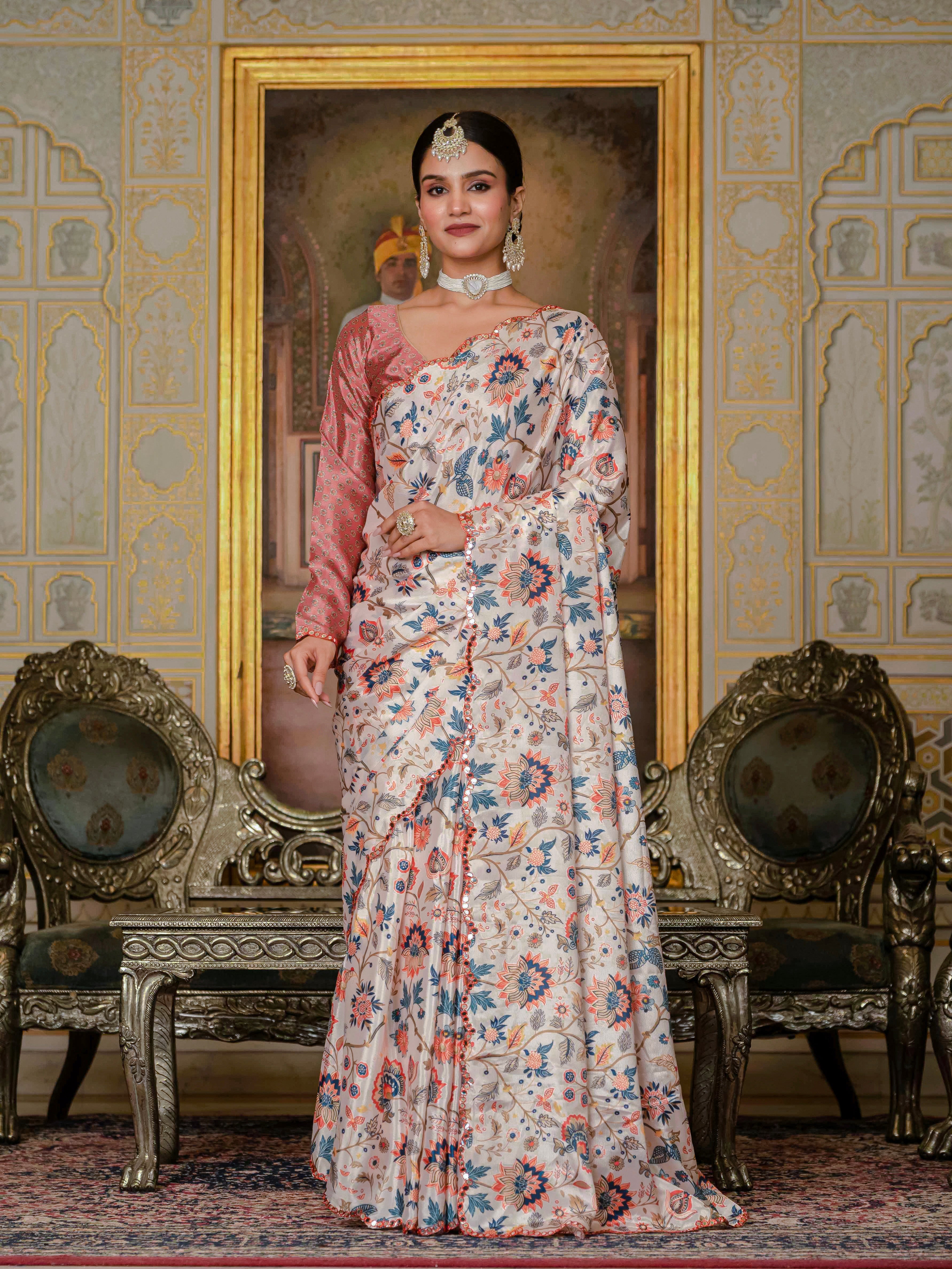 Ready to Wear Orange Heavy Chinnon Printed Saree