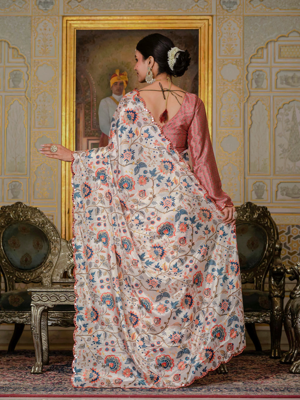 Ready to Wear Orange Heavy Chinnon Printed Saree