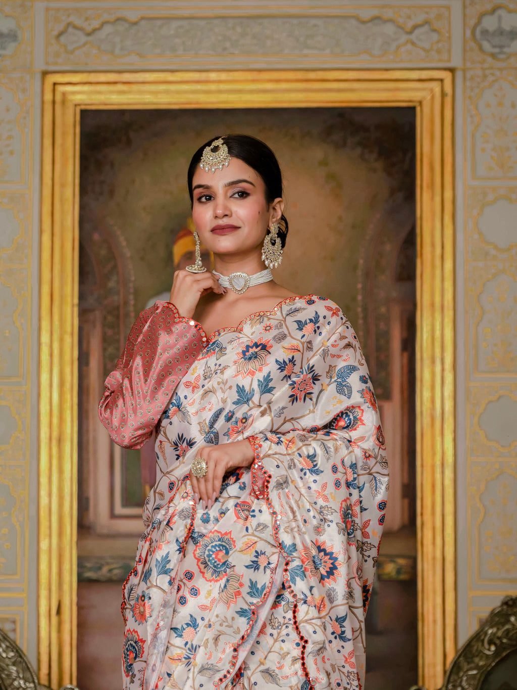 Ready to Wear Orange Heavy Chinnon Printed Saree