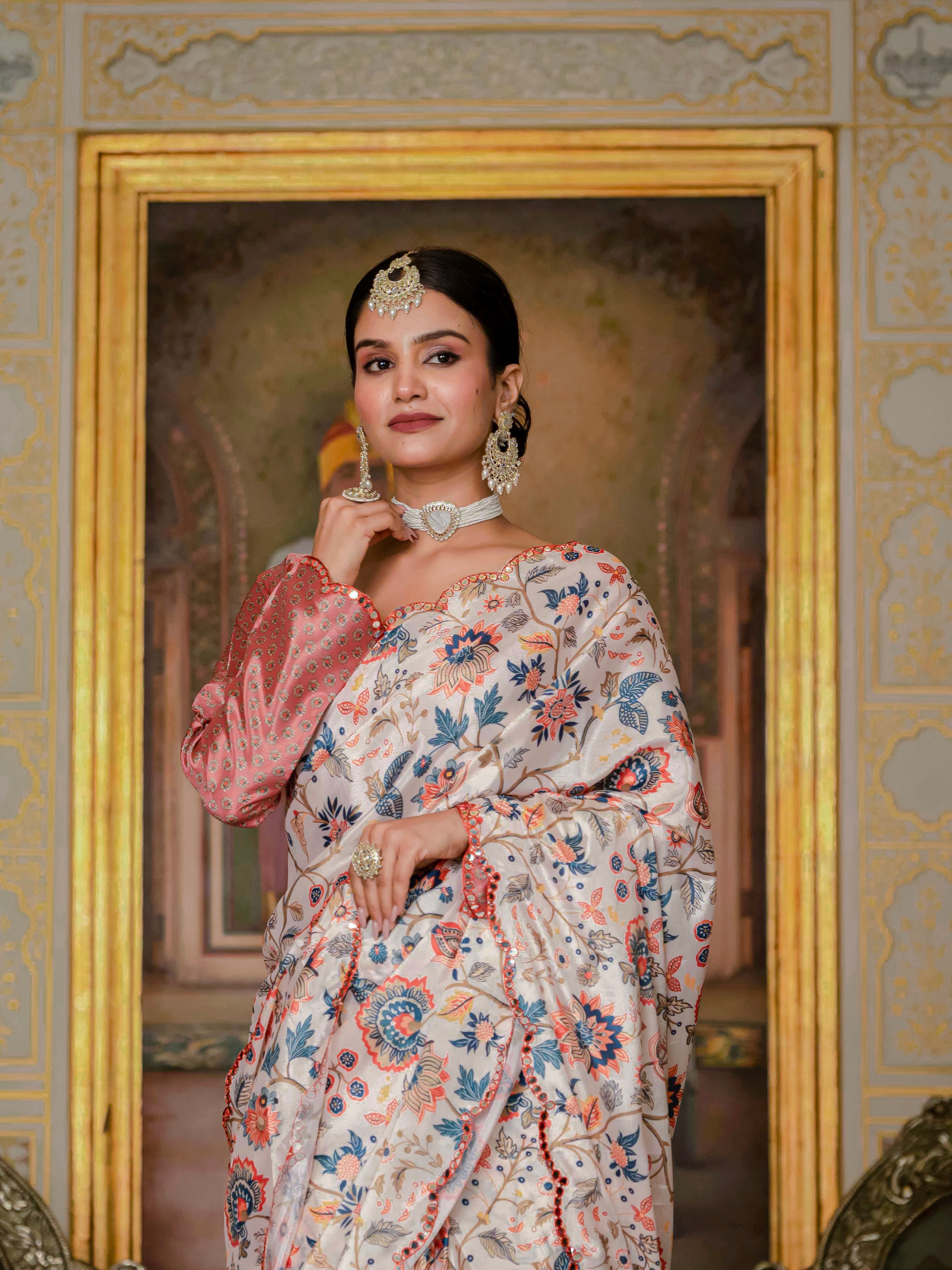 Ready to Wear Orange Heavy Chinnon Printed Saree