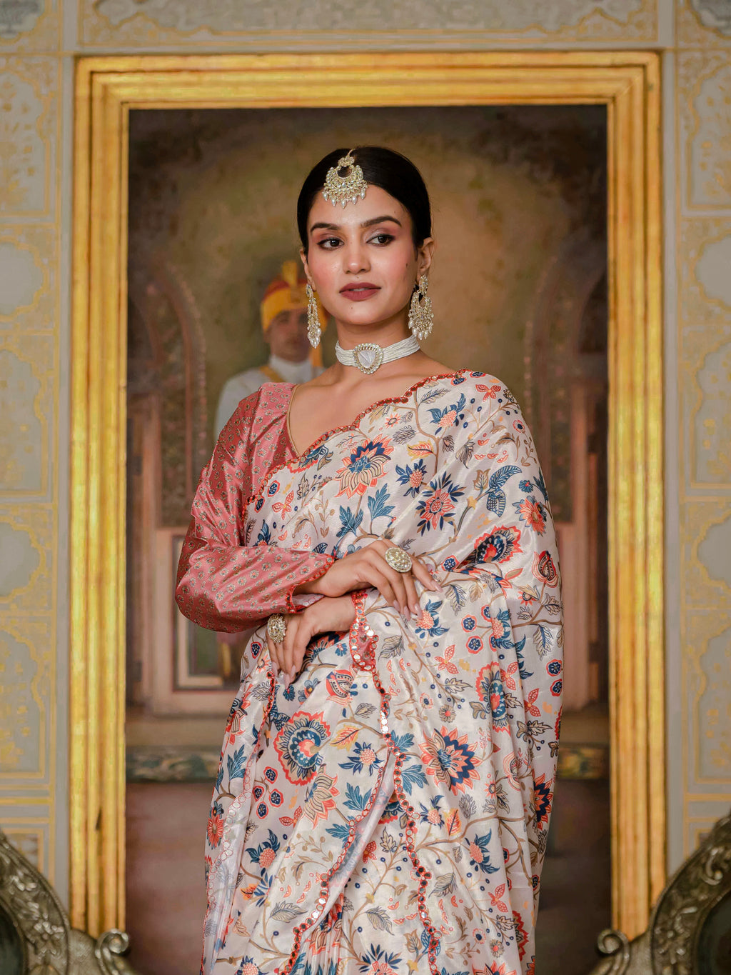 Ready to Wear Orange Heavy Chinnon Printed Saree