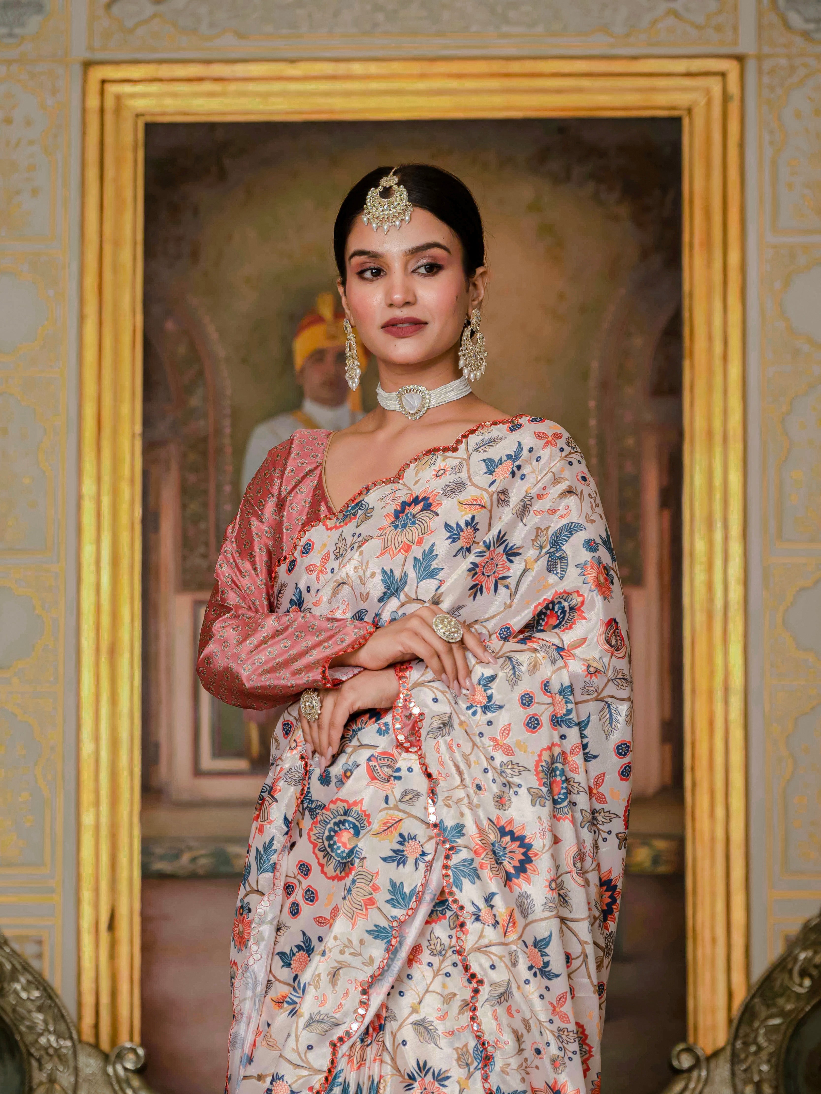 Ready to Wear Orange Heavy Chinnon Printed Saree