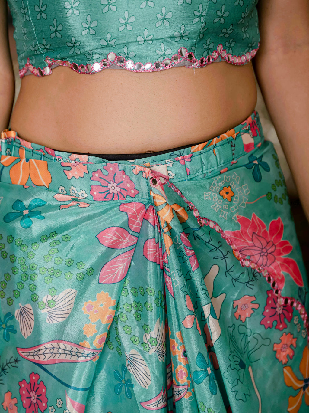 Ready to Wear Sea Green Heavy Chinnon Printed Saree