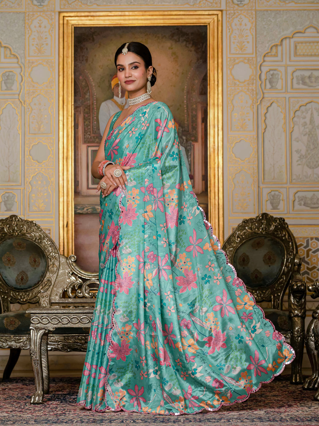 Ready to Wear Sea Green Heavy Chinnon Printed Saree