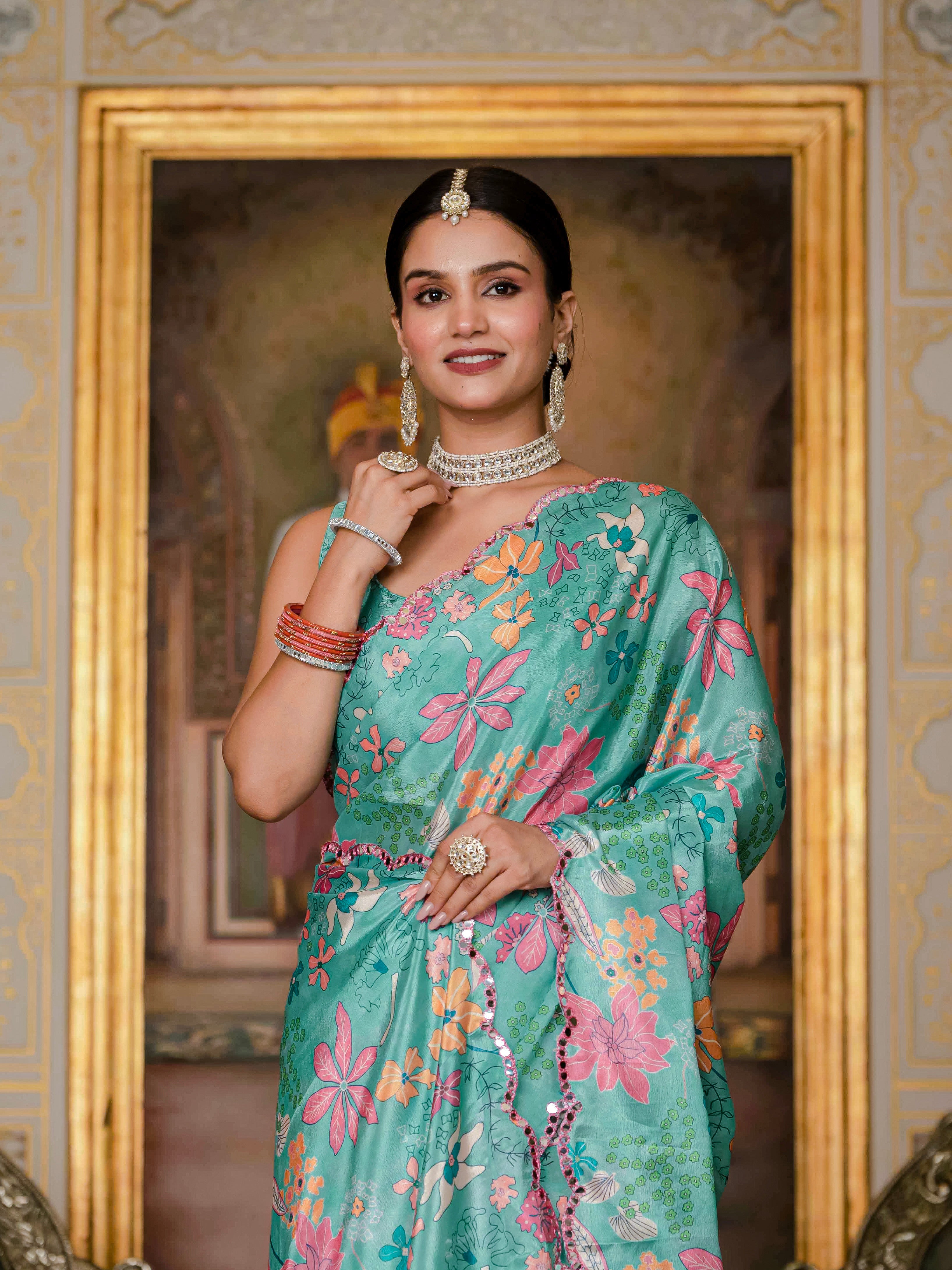 Ready to Wear Sea Green Heavy Chinnon Printed Saree