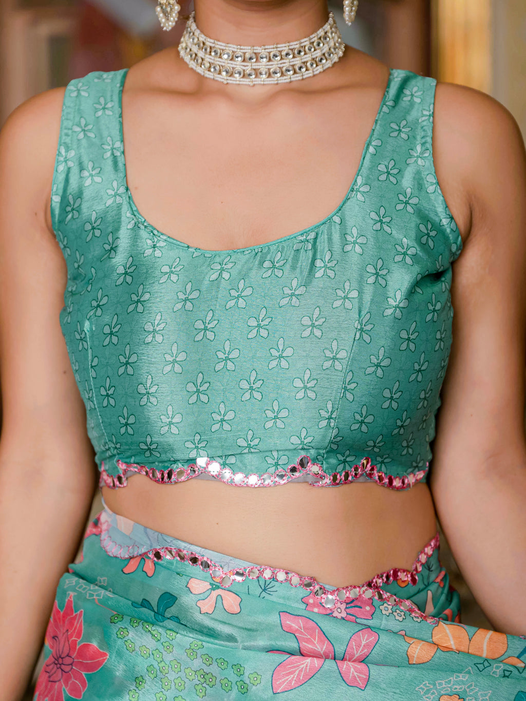 Ready to Wear Sea Green Heavy Chinnon Printed Saree