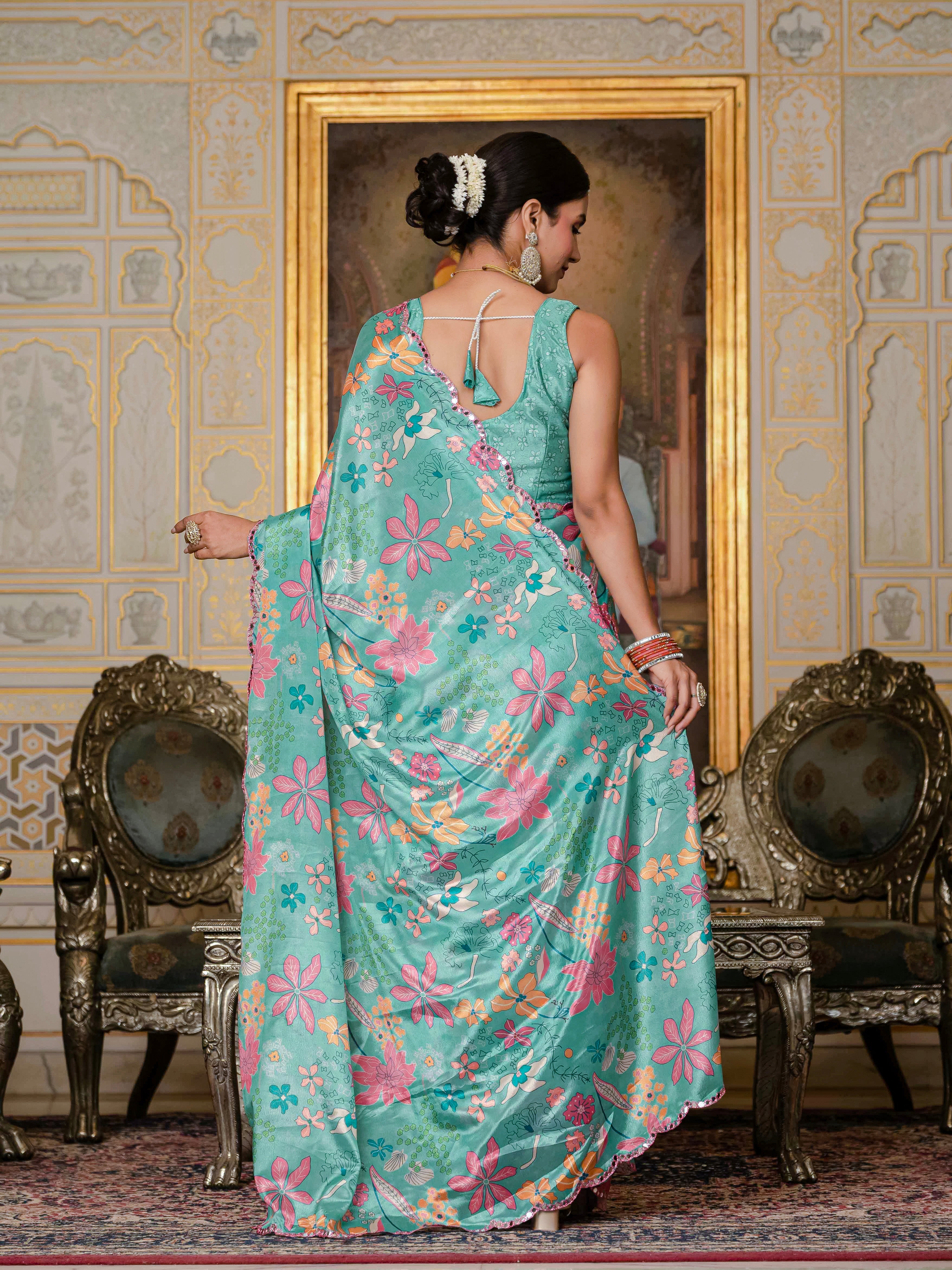 Ready to Wear Sea Green Heavy Chinnon Printed Saree