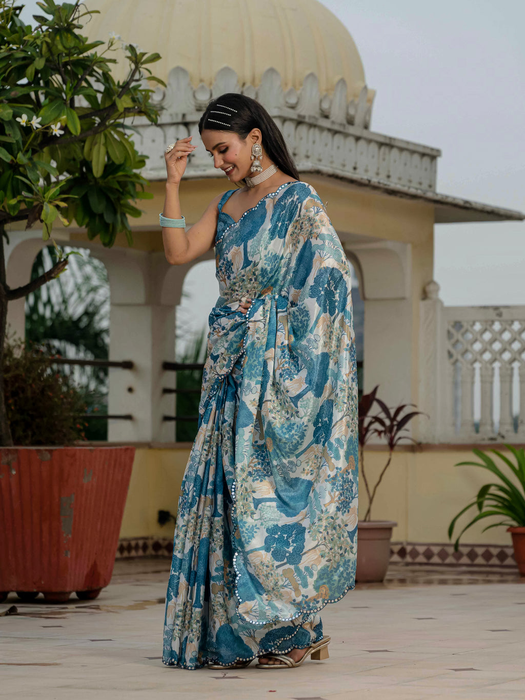 Ready to Wear Ivory / Soft Cream Heavy Chinnon Printed Saree